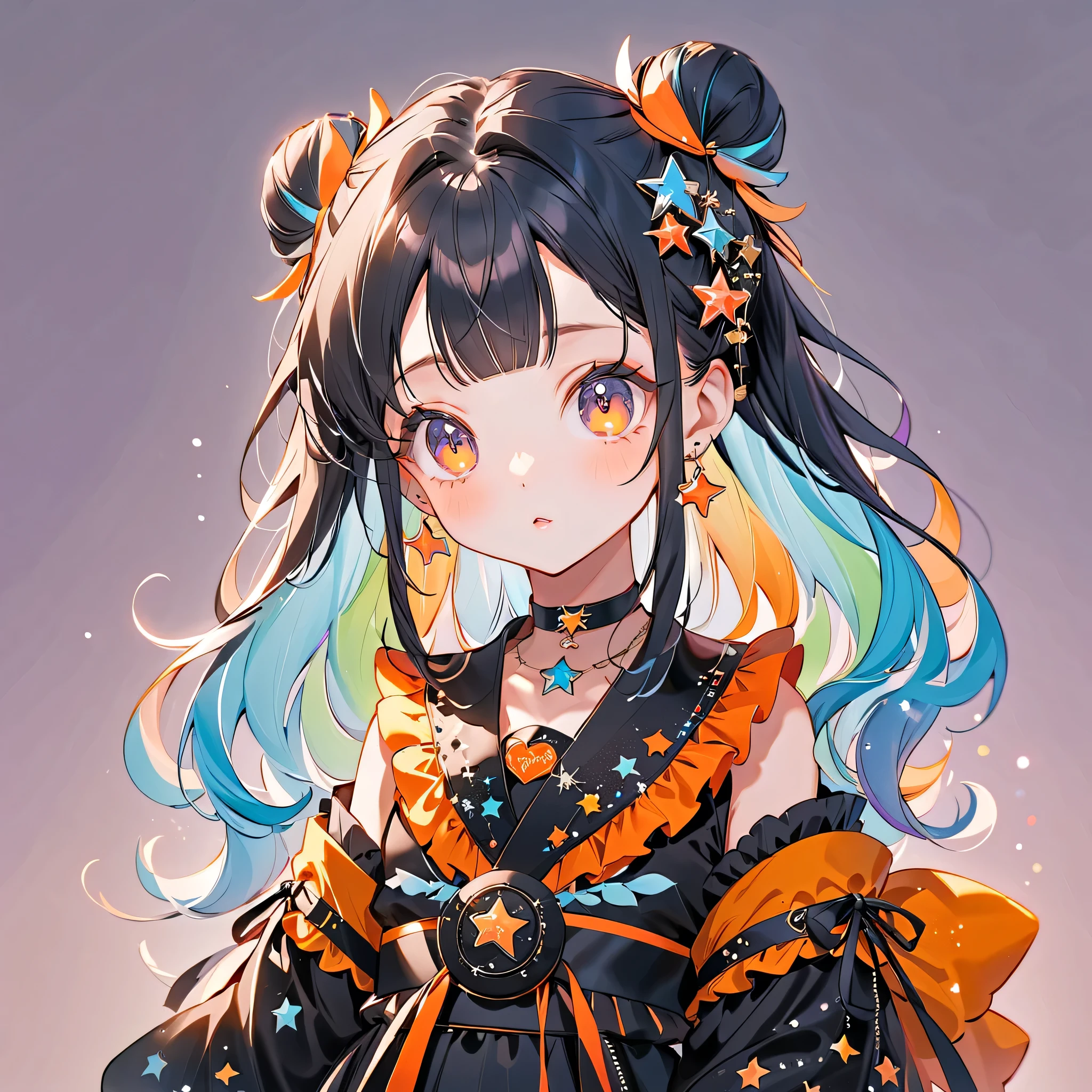 BEST DETAILS、 1 girl,,Blink,(Milky White and Blue Gradation Hair Color)、 dark blue and orange color palette、( the hair color is milky white and the tips of the fur are blue)、 The Cutest Girl in the World ,(orange neon color star choker、Ruffles on the collar、 Wear a colorful and cute goth kimono costume ,Shoulders are exposed、The cuffs are long and wide 、Clothes pattern that feels like space 、) Star Fairy, Wear a colorful and cute goth kimono costume with little fairy feathers growing from above your waist 、 simple background、 Best Details 、Rainbow Hair Ornament、VTuber character design、Sparkling、Sparkle、