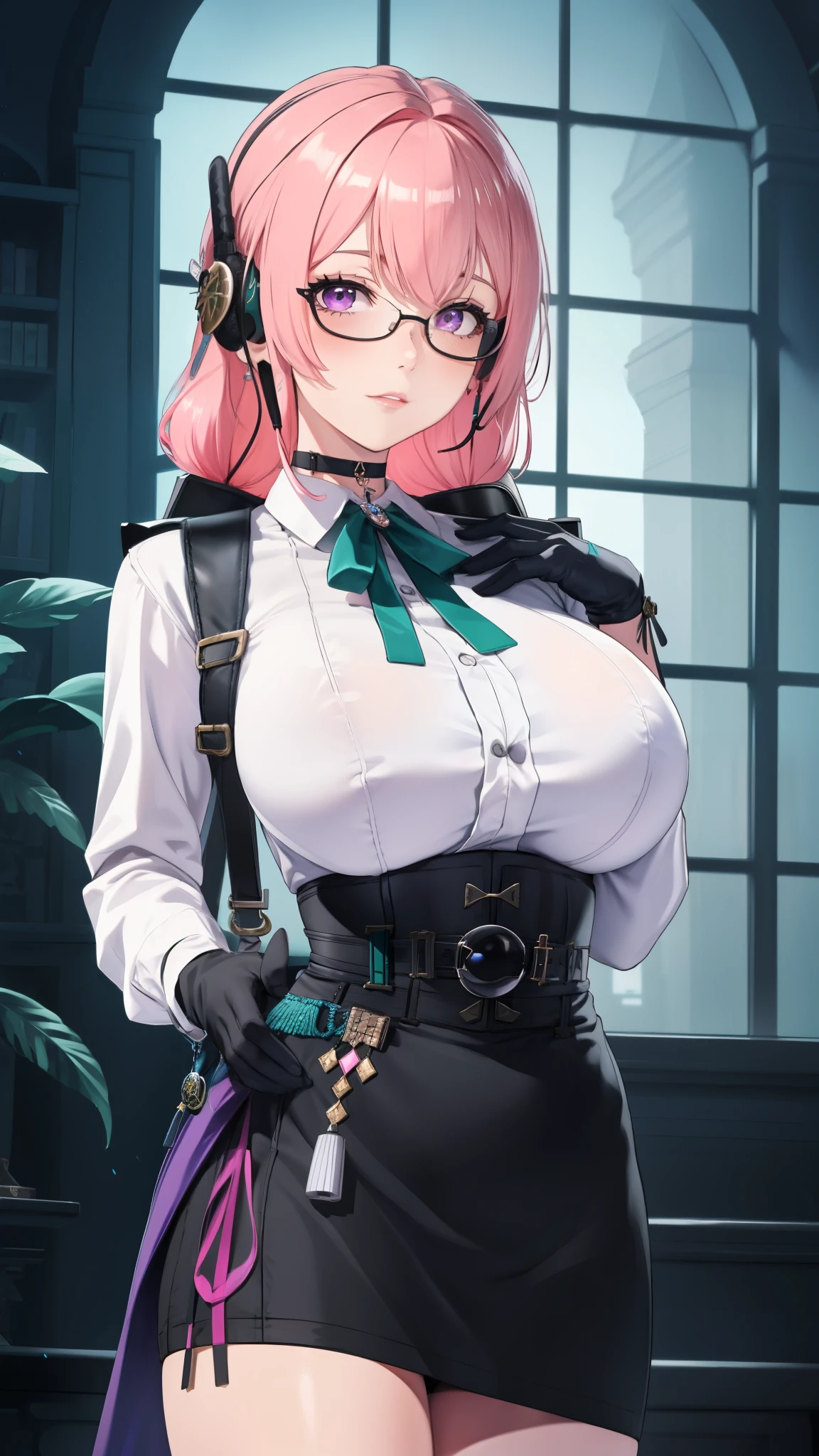 bright clothes, a girl, (Yanagi Tsukishiro ), Alone, Standing, front view, looking at the spectator , long braided hair pink, beautiful eyes , detailed eyes , purple eyes shirt, huge breasts, sensual lips, ((simple samurai armour shoulder pad)) , ((earpiece for the right ear)), harness, glasses, choker :1.6, black gloves, ((bright high waist mini skirt)), ((White shirt with collar)), ((dark green neck strap)), shy expression , , biblioteca antigua Gothic style, Gothic style, at night