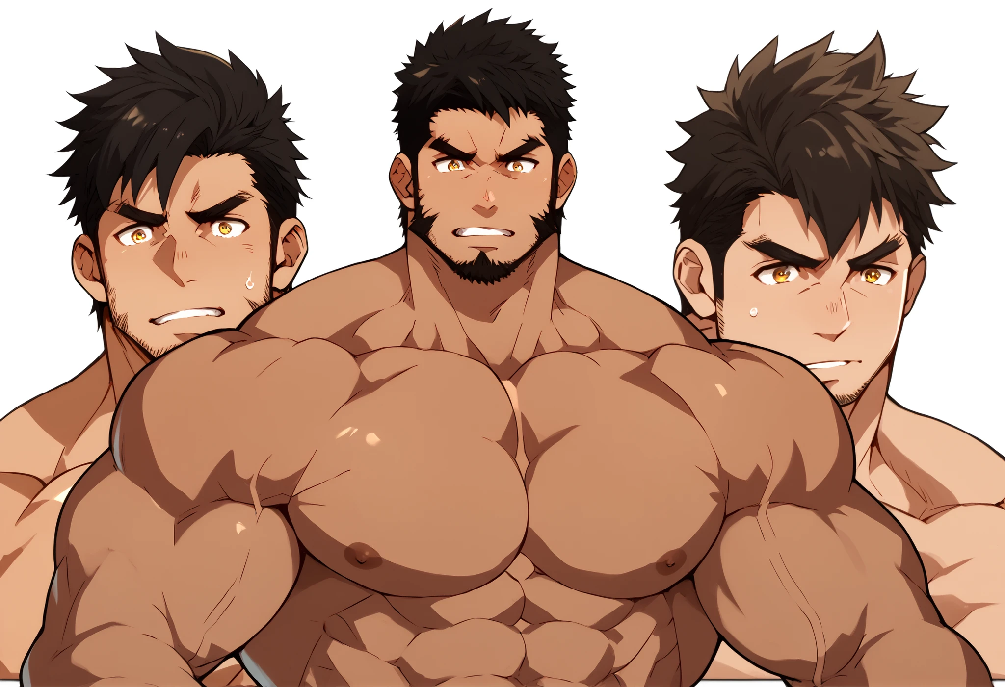 perfect anatomy, male , tanned skin , maleらしさ, male性重視, Muscle Development male, Muscle Development , maleが一人,Dandy , Alone , black short hair, Messy Hair , Thick eyebrows, Stubble, brown eyes , simple background , amazing quality , Masterpiece , Best Aesthetics, Smart Student , cut in inches , Separate lips , Face in agony with severe pain , dirty face , top quality , Muscle Development characters , upper body , beard , Karate , abs, score_9,score_7_up,score_6_up,score_5_up,score_4_up,zabaniyya \(housamo\), muscular, 1boy, male focus, bara, thick thighs, muscular male, stubble, solo, facial hair, thighs, nude, pectorals, black hair, yellow eyes, frown, large pectorals, mature male, thick eyebrows, transparent background, bulge, thick arms, tight, manly, muscular wrestlers, no clothes, no pants, front view, nude