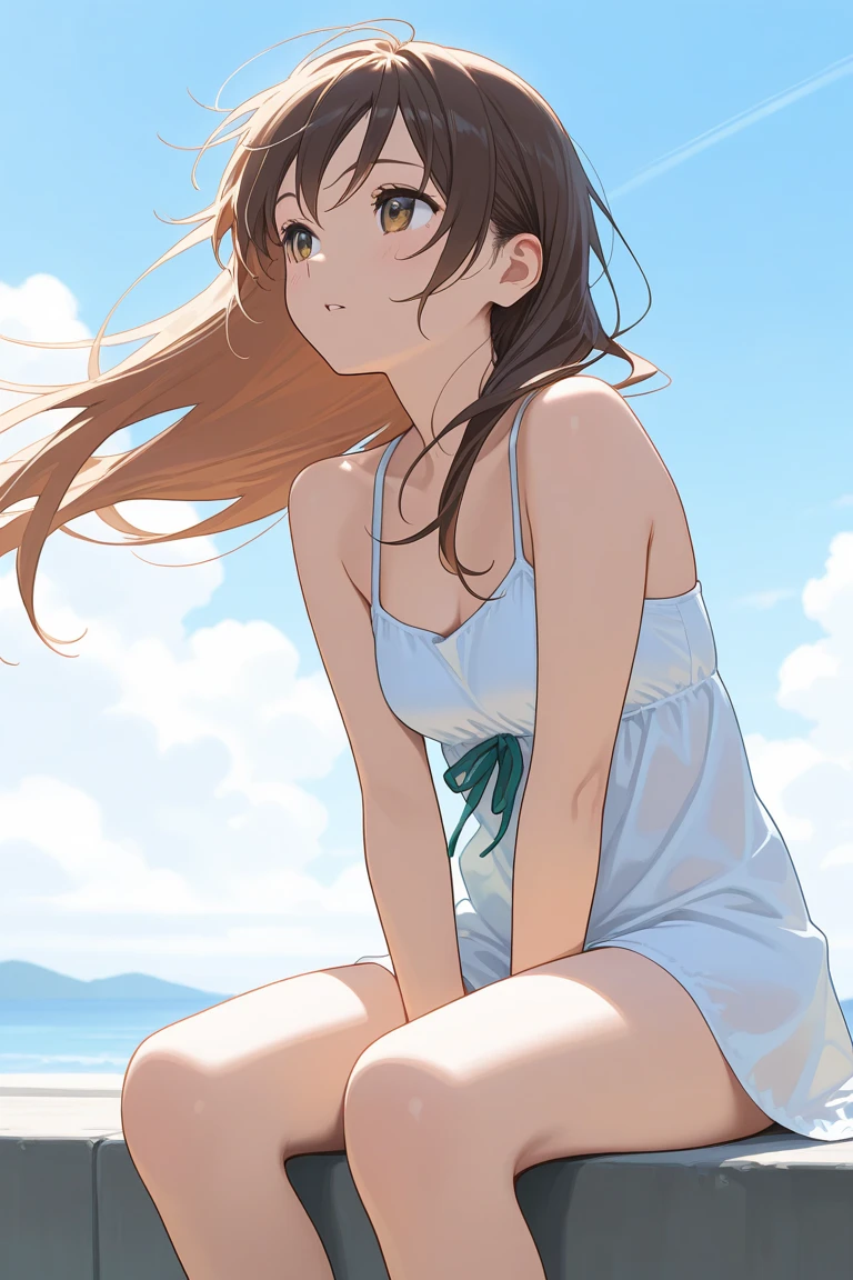 Tabletop、Highest quality、High resolution、1 girl、alone、low length、Thin legs、belly button、smile、、Dark brown hair、Hair Bun、Blue eyes、Long twin tails、score_9、score_8_upper、score_7_upper、score_6_upper、Source Anime、1 girl、alone、Perfect Face、Perfect Eyes、Cute Face、Sexy Girls、Fascinating、Beautiful Eyes、 body、Glowing Skin、Wide Hips、 chest、Balcony along the coast、Weathered wooden furniture on the beachfront、Ocean themed decor、Refreshing linen curtains swaying in the sea breeze、A collection of shells and driftwood lined upper on a shelf、And the sound of the waves lulls me to sleep、Skin dents、Chest misalignment、Smooth and straight cottage、exit、bohemian chic summer outfits: Flowing maxi skirt、cropped bohemian blouse、Fringe sandals、Straw hat、Beaded Bracelets、Tassel Earrings、Round ass、Turn your back on the viewer、Reach your audience、Grin、片方の眉をupperげる