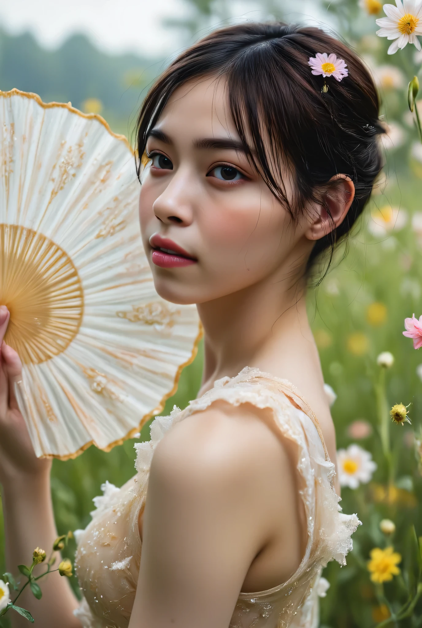 (((Spring Vast Prairie:2.0))),colorful light particles dance,(((Fantasy Atmosphere:2.0))),(((A fan that looks like a bouquet of flowers:2.0))),(((light yellow-green eyeshadow:2.0))),side view from the back,Side pose,((Looking back and looking at the camera:2.0)),((look back over my shoulder:2.0)),Rear View,One female clown,(cute face:2.0),(Beautiful well-balanced face :2.0),((Twin tails with bangs:2.0)),(Beautiful Eyes:1.3),20-year-old Japanese woman wearing bright red paint all over her head,Beautiful slender body,((model body type:2.0)),((slim body:1.7)),Perfect Body Line,Ideal Proportions,(big breasts:2.0),((スリーサイズ90-58-86:3.0)),((G Cup Breasts:2.0)), popup,Bare thighs,Sensual Thighs,delicate body,(succulent:1.5),((toned, beautiful butts:2.0)),((cute ass:2.0)), ((((bare ass :2.0)))),(((T-back:2.0))),natural posture,(Realistic breast depiction :1.5),carefully depicting limbs based on perfect anatomy,((golden super high-leg leotard:2.0)),((lace super high-leg leotard with integrated lace body:2.0)),((lace cloak adorned with colorful flowers with an open front over a leotard:2.0)),(pastel colored cloak with fine embroidery:2.0),(((corolla:2.0))),(pointed ears:1.3),((((light purple fishnet tights with a rough mesh:2.0)))),nipples made of flowers,CONCEPT ART,(Best Quality:1.5),(masterpiece:1.5),(超高resolution),resolution,UHD,(Delicate Description), carefully drawn with butterfly wings ,32k,((realistic skin texture that shows through the whole body:1.5)),(((super realistic:1.5))),carefully draw eyelashes,very detailed face,Highly detailed female hand,very sensual,(Blurry Dim Backgrounds :1.5),Professional Photography,(movie lights:2.0),((Blade Runner style lighting:2.0))