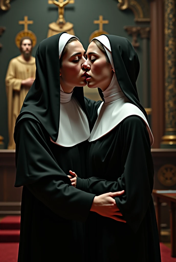 (Photorealistic:1.4), (Masterpiece artwork:1.3), (Maximum quality:1.4), Ultrarealistic, HD 8k,
full body showing very big ass, quadril avantajado e seios enormes e proporcionais
Woman madura, aged 50, with a very big ass and huge breasts dressed as a nun
(Cao Cao (muscular) black male )),
man black lycra thong, powerful jaw, dominant, Big muscular arms, broad chest, narrow waisted, strong legs, clean face,
her bright expression, extremely beautiful, awesome gorgeous, Extraordinary beauty, Detailed cute e beautiful face, Beautiful big blue eyes,freckles, blonde hair with short bun, small and cheerful nose, thin red lips, beautiful bangs, Bright, glowing white skin, Bangs that extend to the face, tight body, toned abdomen, sexy buttocks, huge and steep, subtle makeup, extremely pale Woman, Extremely pale skin,
(candlelit castle room), dark lighting, the nun has a very big ass, wide hip de 120 cm, huge breasts alternative vibe,vibrant lighting, hight contrast,dramatic shadows,highy detailed,skin detailed,Depth of field,dynamic angle,bright lighting, film grain,
Woman (translucent gold swimsuit)
men's lycra thong,
full body view, Woman e man show desire, (man holding her neck kissing her), legs intertwined, full steing view, Look of desire, sensual bite lips , 5 fingers, Perfect feet, passionate pose, ((uncovered body)), full body exposed, (NO DEFORMATIONS), (no tattoos), (perfect toes), extremely explicit e erotic, detailed chest, nun with a big ass, very big tits, wide hip, elderly nun with a spectacular body