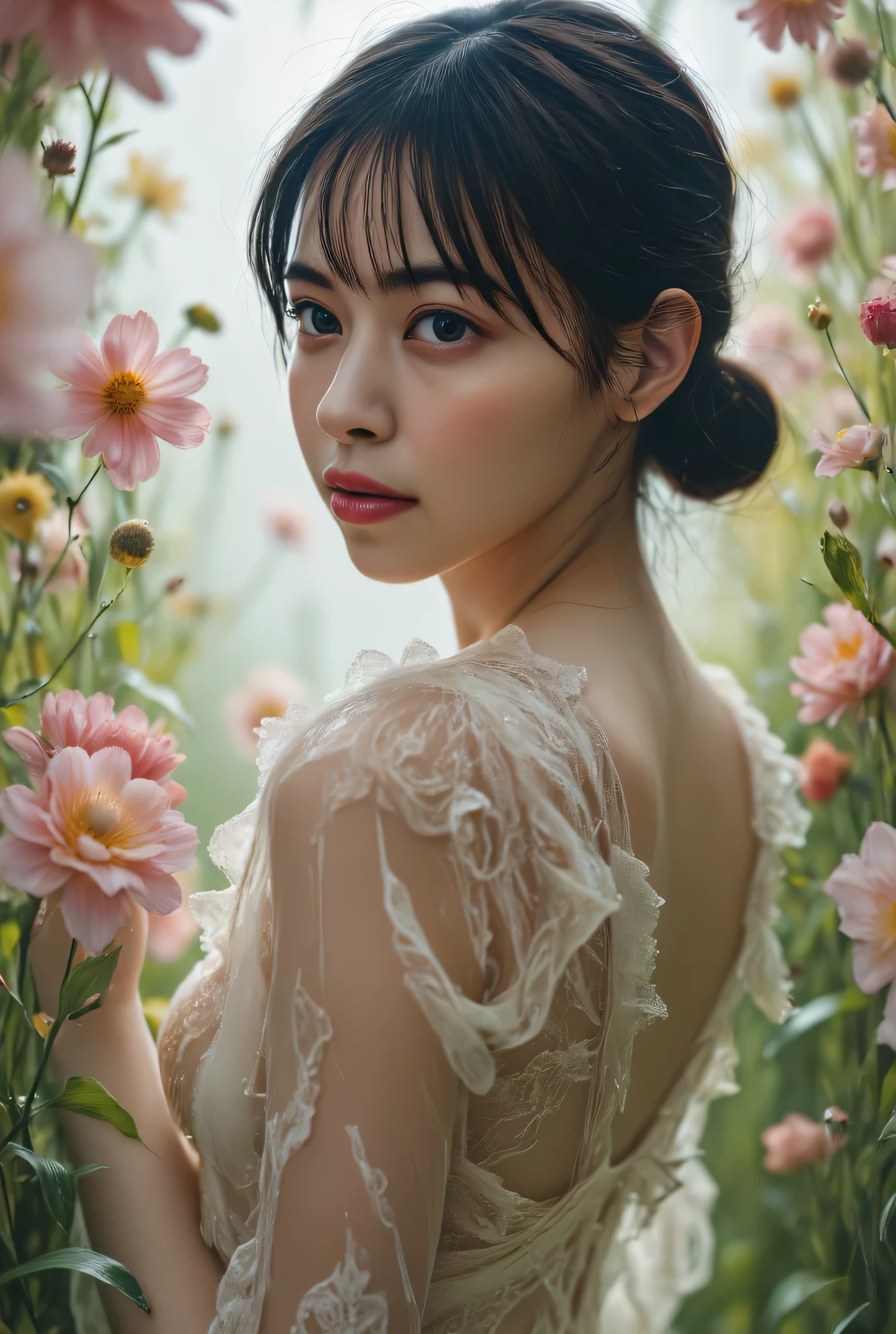 (((Spring Vast Prairie:2.0))),colorful light particles dance,(((Fantasy Atmosphere:2.0))),(((A fan that looks like a bouquet of flowers:2.0))),(((light yellow-green eyeshadow:2.0))),side view from the back,Side pose,((Looking back and looking at the camera:2.0)),((look back over my shoulder:2.0)),Rear View,One female clown,(cute face:2.0),(Beautiful well-balanced face :2.0),((Twin tails with bangs:2.0)),(Beautiful Eyes:1.3),20-year-old Japanese woman wearing bright red paint all over her head,Beautiful slender body,((model body type:2.0)),((slim body:1.7)),Perfect Body Line,Ideal Proportions,(big breasts:2.0),((スリーサイズ90-58-86:3.0)),((G Cup Breasts:2.0)), popup,Bare thighs,Sensual Thighs,delicate body,(succulent:1.5),((toned, beautiful butts:2.0)),((cute ass:2.0)), ((((bare ass :2.0)))),(((T-back:2.0))),natural posture,(Realistic breast depiction :1.5),carefully depicting limbs based on perfect anatomy,((golden super high-leg leotard:2.0)),((lace super high-leg leotard with integrated lace body:2.0)),((lace cloak adorned with colorful flowers with an open front over a leotard:2.0)),(pastel colored cloak with fine embroidery:2.0),(((corolla:2.0))),(pointed ears:1.3),((((light purple fishnet tights with a rough mesh:2.0)))),nipples made of flowers,CONCEPT ART,(Best Quality:1.5),(masterpiece:1.5),(超高resolution),resolution,UHD,(Delicate Description), carefully drawn with butterfly wings ,32k,((realistic skin texture that shows through the whole body:1.5)),(((super realistic:1.5))),carefully draw eyelashes,very detailed face,Highly detailed female hand,very sensual,(Blurry Dim Backgrounds :1.5),Professional Photography,(movie lights:2.0),((Blade Runner style lighting:2.0))