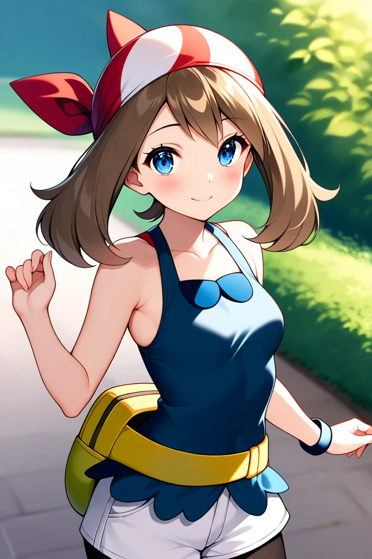 pkmnserena, 1 girl, Alone, blue eyes, by rubio, short hair, hits, has, gray hats,
black shirt, turtleneck, sleeveless, Red skirt, pleated skirt, black thighs,
smile,Closed mouth,cowboy shot,Session,
forest,exterior,
(incredibly detailed, beautiful detailed face, masterpiece, Best Quality) cinematic lighting,