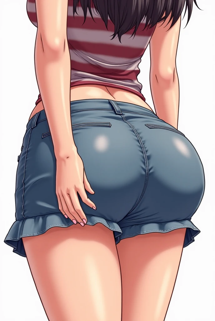 ((masterpiece, best quality)), ((34 year old)), (((Curvy))), (((Japanese woman with messy brown hair)), in blue shirt, ((white cotton panties)), (((Large Hips))), shocked expression, blushing, ((bending over)), (((realistic art style)))