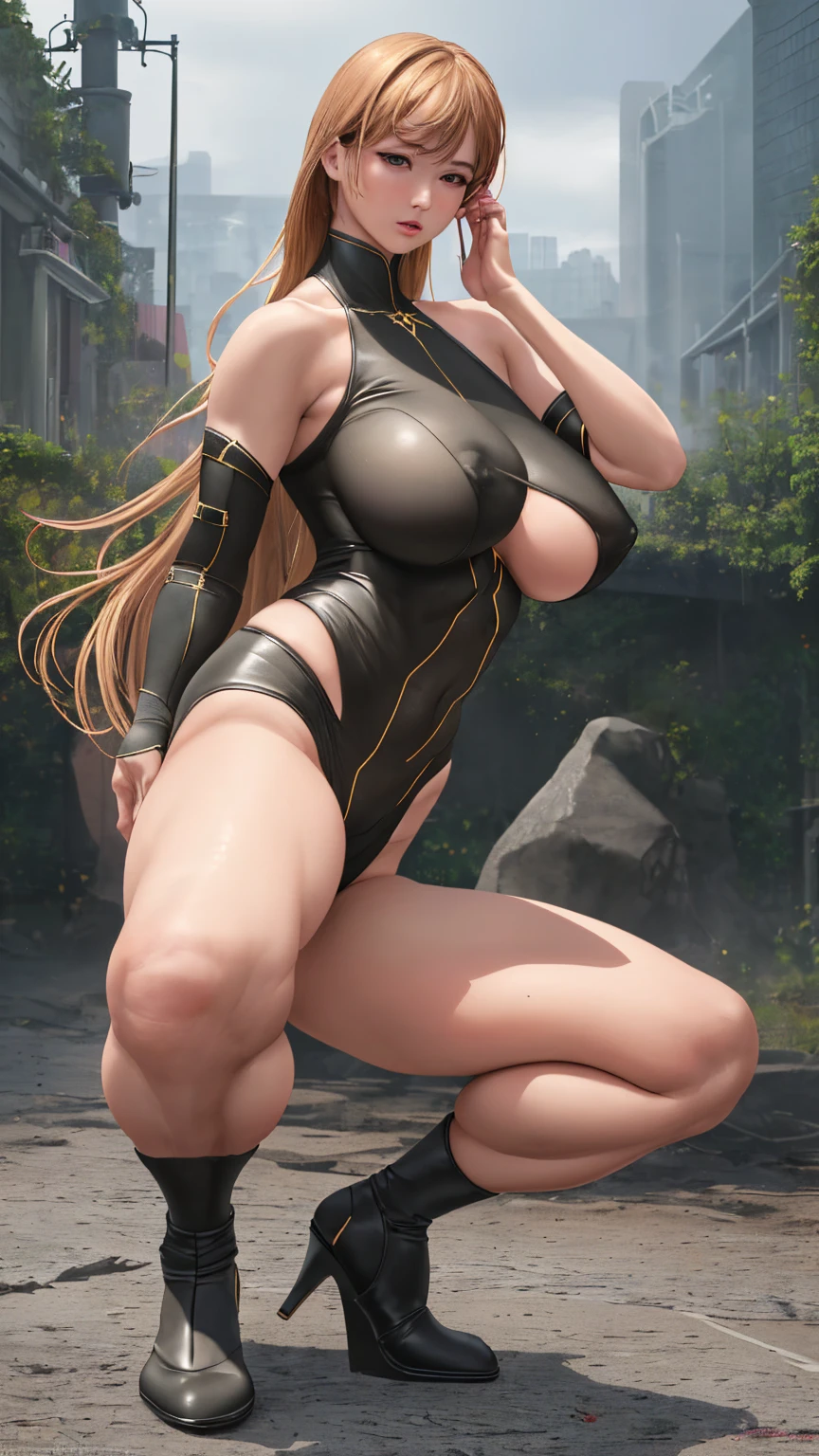 Full body purple tights,blond hairbl,Long ponytail,Kneel,Tears in my eyes,tight-fitting,Full-figured,wounded