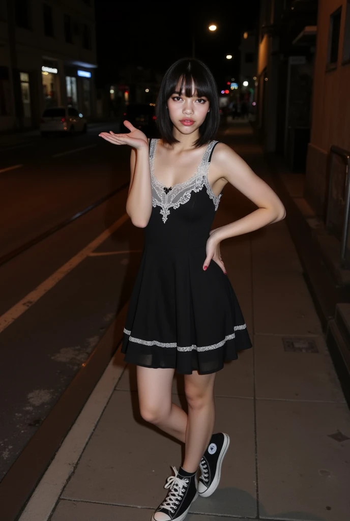 ((artistic photography)) Short dress, dark purple lace stockings sensual Lolita, abandoned city and next to or train in an environment of ((night photography)) Lauren Jauregui, smiling and happy in a ((urban installation)) full scale. ((colloquial)) I want more of this mysterious and seductive aesthetic!