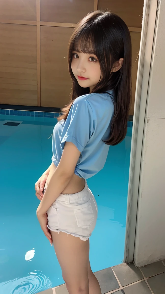 ((Best of the highest quality, 8k, Masterpiece, raw photo: 1.2)), (Sharp focus: 1.2), (1 AESPA, slim body type female, 21 y/o: 1.1), (Solo: 1.28), (realistic, photo-realistic:1.37), face focus, cute face, finely eyes, (droopy eyes: 1.32), (Emphasize prominent aegyo-sal with bright: 1.2), shimmering eyeshadow applied under the lower lash line, paired with thick, (small breasts, flat chest, Thigh: 1.3), (short messy hair, bangs: 1.28), (wearing business shirt, panties, from behind: 1.32), (ribbon: 1.1), walking terrace dining, flower