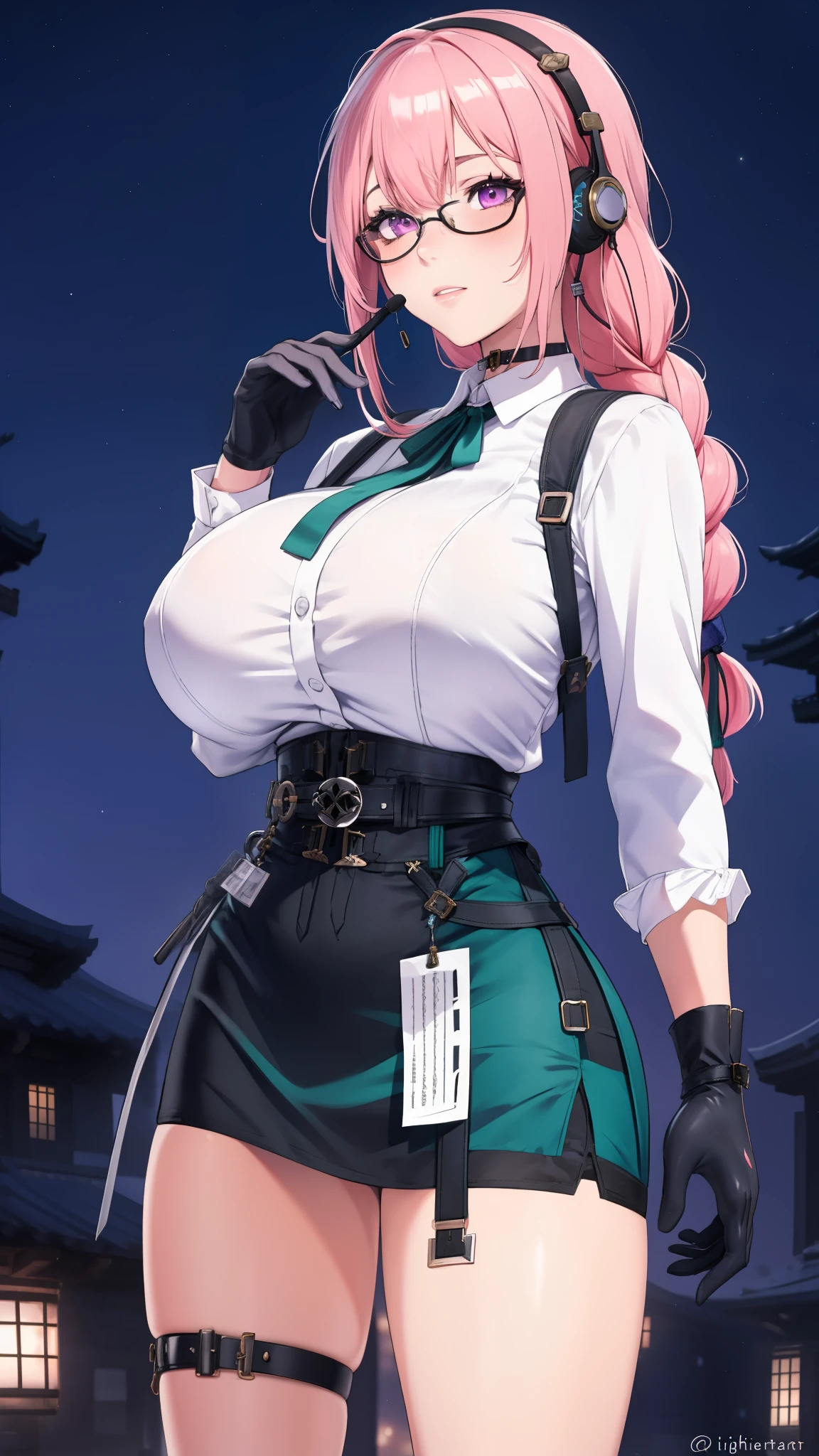 bright clothes, a girl, (Yanagi Tsukishiro ), Alone, Standing, front view, looking at the spectator , long braided hair pink, beautiful eyes , detailed eyes , purple eyes shirt, huge breasts, sensual lips, ((simple samurai armour shoulder pad)) , ((earpiece for the right ear)), harness, glasses, choker :1.6, black gloves, ((bright high waist mini skirt)), ((White shirt with collar)), ((dark green neck strap)), shy expression , , biblioteca antigua Gothic style, Gothic style, at night