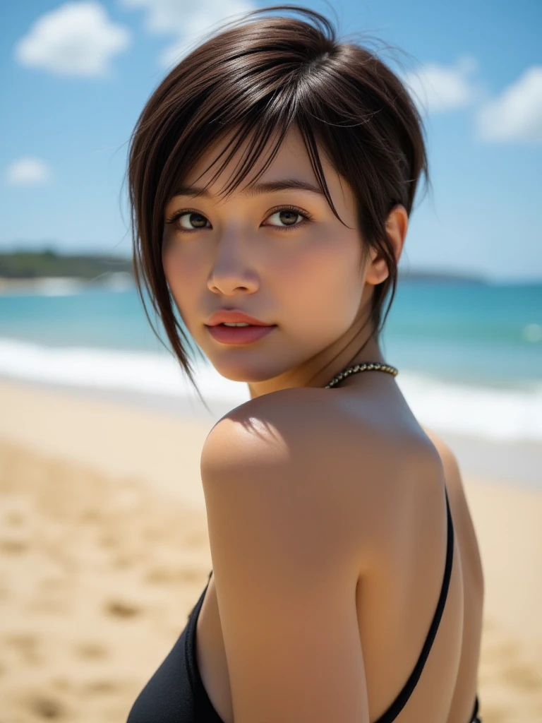 One 17 year old girl, highest quality, Realistic, alone, Depth of written boundary, Natural light, Daytime, attractive, Beautiful Face, clean, Pure Face, Pale skin, cute, short hair, Beach, sunlight,Flat Chest, Small breasts, whole body, ((Beautiful Face)), 
