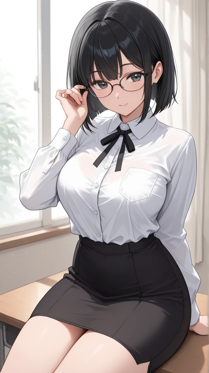 Female character with short black hair, slightly disheveled, with bangs that frame his forehead. He wears large, round glasses that highlight his large, brown eyes., with long and well defined eyelashes. Has clear and soft skin. He is wearing a white button-down shirt with long sleeves., adjusted to your figure, highlighting her curves. The skirt is light blue, tight and high waist, highlighting her pronounced waist and hips. Her complexion is curvy, with wide hips and well-defined legs. The expression on his face is friendly and confident., with a slight flirtatious smile. suggestive pose, accentuating her curvy figure. Only the main character in the image, no extra characters. Taking off his shirt. Cute breast. Hands well drawn.

Upper body and head, angle from below, attention to woman, definition, perfect woman, solo woman, 24 years old, short hair, disheveled hair, details, extremely detailed, 8K quality, master piece.