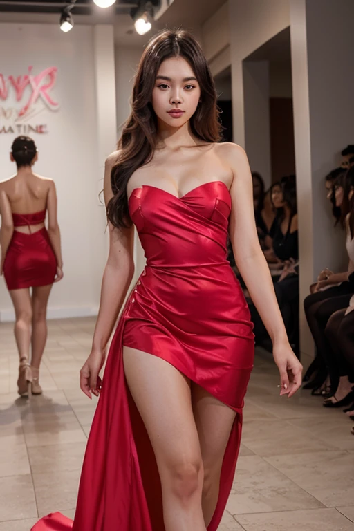 ((full-body, full-shot)),(best quality,4k,8k,highres,masterpiece:1.2),ultra-detailed,(realistic,photorealistic,photo-realistic:1.37),(1girl),(18years old),(((irene1:1.2))),(((Excella_er5:1.2))),(sharp focus:1.5),pearl skin,(skin pores:1.1),extremely detailed face and skin texture,(skin texture:1.1),black hair,tall and slender body,(192cm tall),thin and delicate figure,graceful posture,strong and defined muscles,flawless skin,defined abs,perfect curves,feminine appearance,beautiful long legs,embodying elegance and beauty,cleavage breasts,((wearing a (red) dress)),(ultra-short miniskirt),vibrant colors,extremely detailed and realistic clothes,(colorful),(film grain:1.3), stunningly beautiful girl, Haute_Couture, designer dress, high-heels,high fashion, High Brand,Famous fashion shows, (Indoor runway:1.4),beautiful countenance, Long ringlet, catwalk,Red carpet,Colorful confetti, award-winning photography,vogue-worthy images.