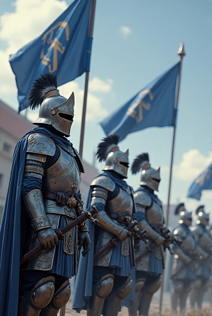 Templar SpaceMarines on a march, the one in the front holding a banner and the one in the back holding an iron cross