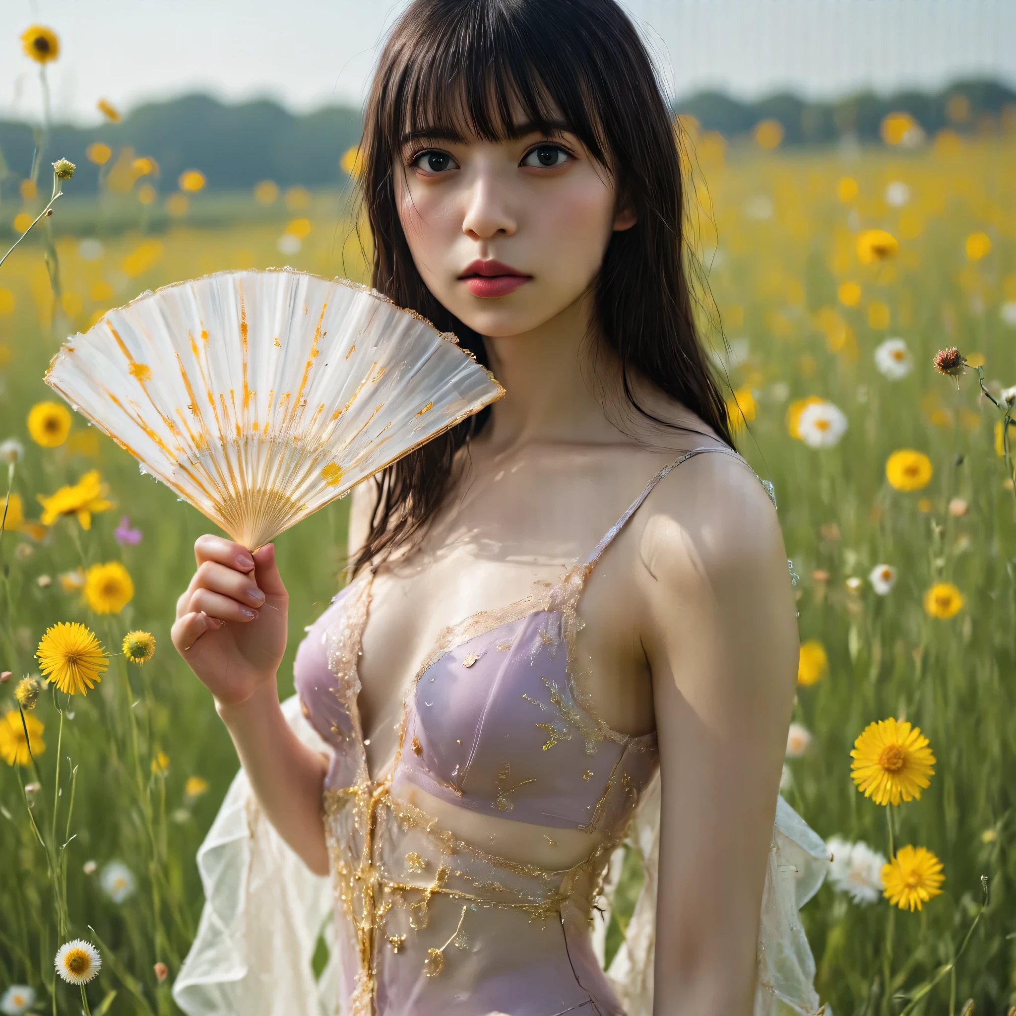 (((Spring Vast Prairie:2.0))),colorful light particles dance,(((Fantasy Atmosphere:2.0))),(((A fan that looks like a bouquet of flowers:2.0))),(((light yellow-green eyeshadow:2.0))),side view from the back,Side pose,((Looking back and looking at the camera:2.0)),((look back over my shoulder:2.0)),Rear View,one woman,(cute face:2.0),(Beautiful well-balanced face :2.0),((Long hair with bangs:2.0)),(Beautiful Eyes:1.3),20-year-old Japanese woman wearing bright red paint all over her head,Beautiful slender body,((model body type:2.0)),((slim body:1.7)),Perfect Body Line,Ideal Proportions,(big breasts:2.0),((スリーサイズ90-58-86:3.0)),((G Cup Breasts:2.0)), popup,Bare thighs,Sensual Thighs,delicate body,(succulent:1.5),((toned, beautiful butts:2.0)),((cute ass:2.0)), ((((bare ass :2.0)))),(((T-back:2.0))),natural posture,(Realistic breast depiction :1.5),carefully depicts limbs based on perfect anatomy,((golden super high-leg leotard:2.0)),((lace super high-leg leotard with integrated lace body:2.0)),((lace cloak adorned with colorful flowers with an open front over a leotard:2.0)),(pastel colored cloak with fine embroidery:2.0),(((corolla:2.0))),(pointed ears:1.3),((((light purple fishnet tights with a rough mesh:2.0)))),nipples made of flowers,CONCEPT ART,(Best Quality:1.5),(masterpiece:1.5),(超高resolution),resolution,UHD,(Delicate Description), carefully drawn with butterfly wings ,32k,((realistic skin texture that shows through the whole body:1.5)),(((super realistic:1.5))),carefully draw eyelashes,very detailed face,Highly detailed female hand,very sensual,(Blurry Dim Backgrounds :1.5),Professional Photography,(movie lights:2.0),((Lord of the Rings style lighting:2.0))