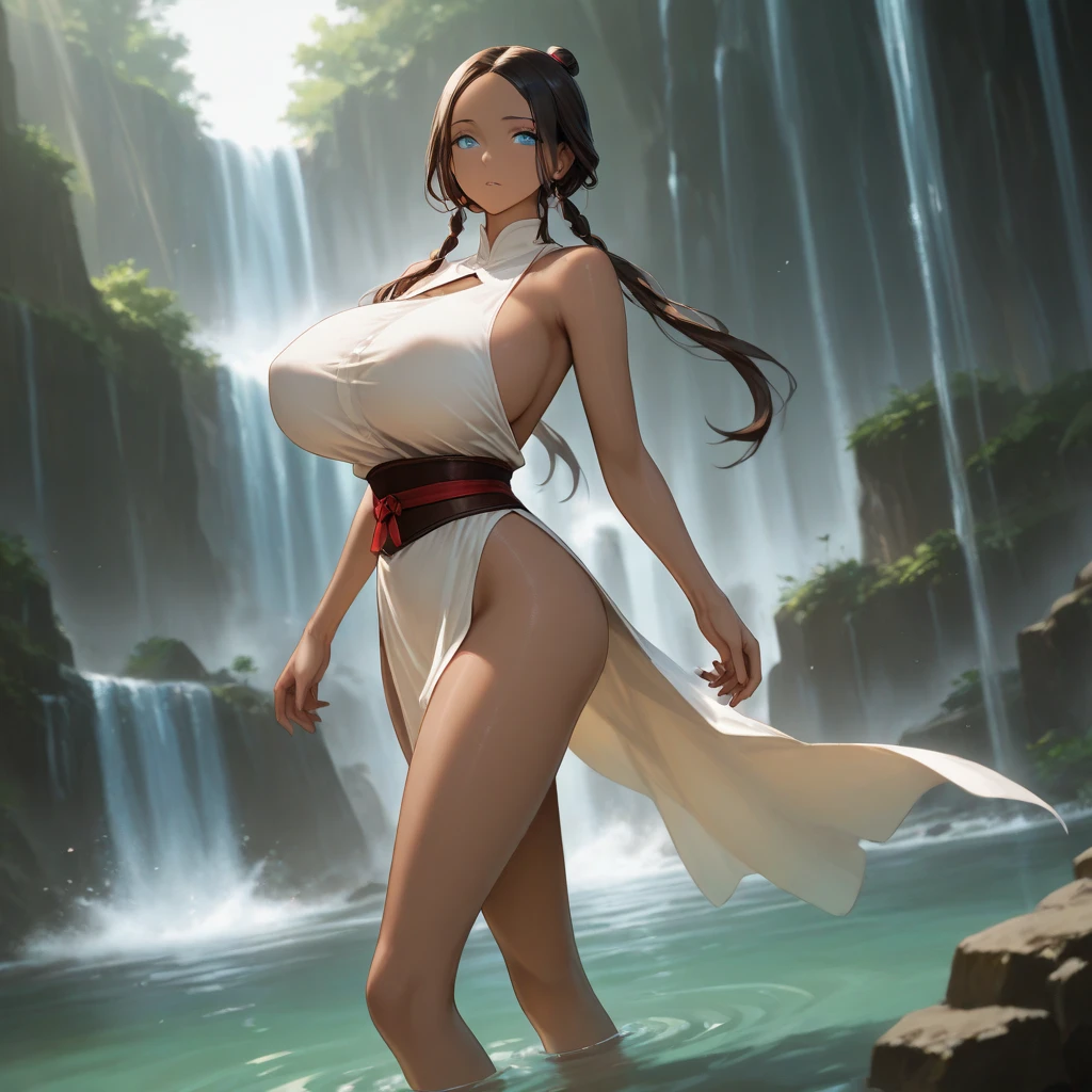 Close-up of woman, SFW, senos gigantes, tetona senos caidos, caderas anchas, vistiendo un traje oriental, posando en un lago florido, con una cascada de fondo, cabello largo, cabello multicolor, tatuajes en el cuerpo, aros, collar, jewely,