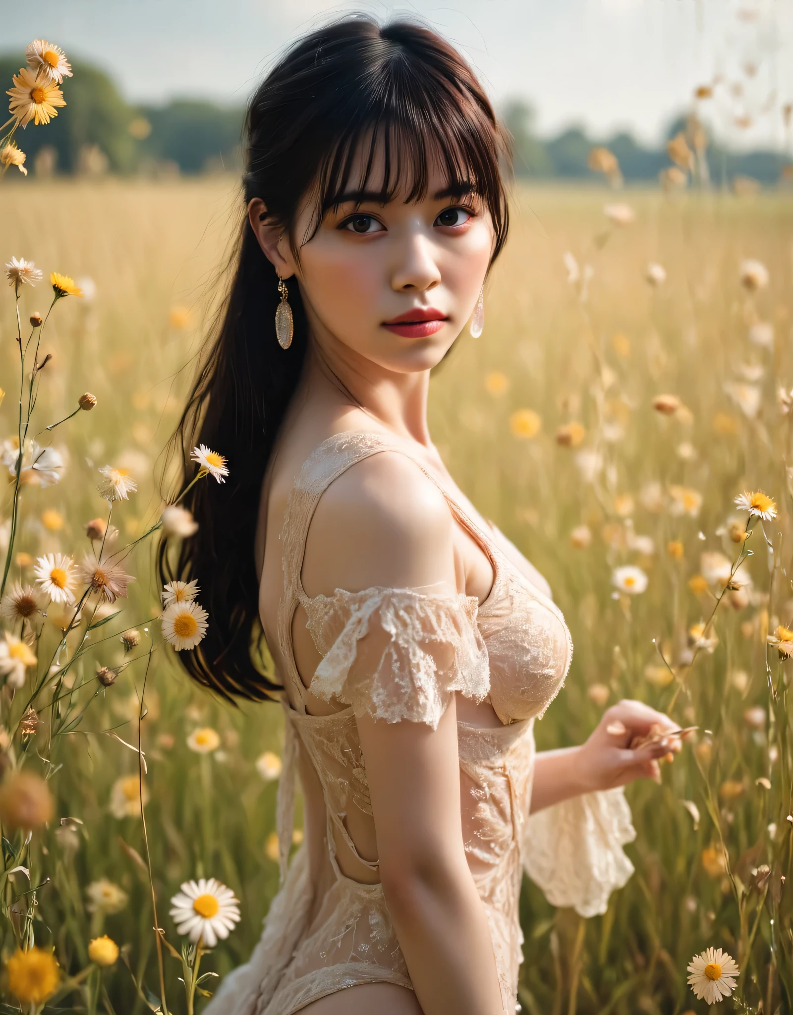 (((Spring Vast Prairie:2.0))),colorful light particles dance,(((Fantasy Atmosphere:2.0))),(((A fan that looks like a bouquet of flowers:2.0))),(((light yellow-green eyeshadow:2.0))),side view from the back,Side pose,((Looking back and looking at the camera:2.0)),((look back over my shoulder:2.0)),Rear View,(((full body:2.0))),one woman,(cute face:2.0),(Beautiful well-balanced face :2.0),((Long hair with bangs:2.0)),(Beautiful Eyes:1.3),20-year-old Japanese woman wearing bright red paint all over her head,Beautiful slender body,((model body type:2.0)),((slim body:1.7)),Perfect Body Line,Ideal Proportions,(big breasts:2.0),((スリーサイズ90-58-86:3.0)),((G Cup Breasts:2.0)), popup,Bare thighs,Sensual Thighs,delicate body,(succulent:1.5),((toned, beautiful butts:2.0)),((cute ass:2.0)), ((((bare ass :2.0)))),(((T-back:2.0))),natural posture,(Realistic breast depiction :1.5),carefully depicts limbs based on perfect anatomy,((golden super high-leg leotard:2.0)),((lace super high-leg leotard with integrated lace body:2.0)),((lace cloak adorned with colorful flowers with an open front over a leotard:2.0)),(pastel colored cloak with fine embroidery:2.0),(((corolla:2.0))),(pointed ears:1.3),((((light purple fishnet tights with a rough mesh:2.0)))),nipples made of flowers,CONCEPT ART,(Best Quality:1.5),(masterpiece:1.5),(超高resolution),resolution,UHD,(Delicate Description), carefully drawn with butterfly wings ,32k,((realistic skin texture that shows through the whole body:1.5)),(((super realistic:1.5))),carefully draw eyelashes,very detailed face,Highly detailed female hand,very sensual,(Blurry Dim Backgrounds :1.5),Professional Photography,(movie lights:2.0),((Lord of the Rings style lighting:2.0))