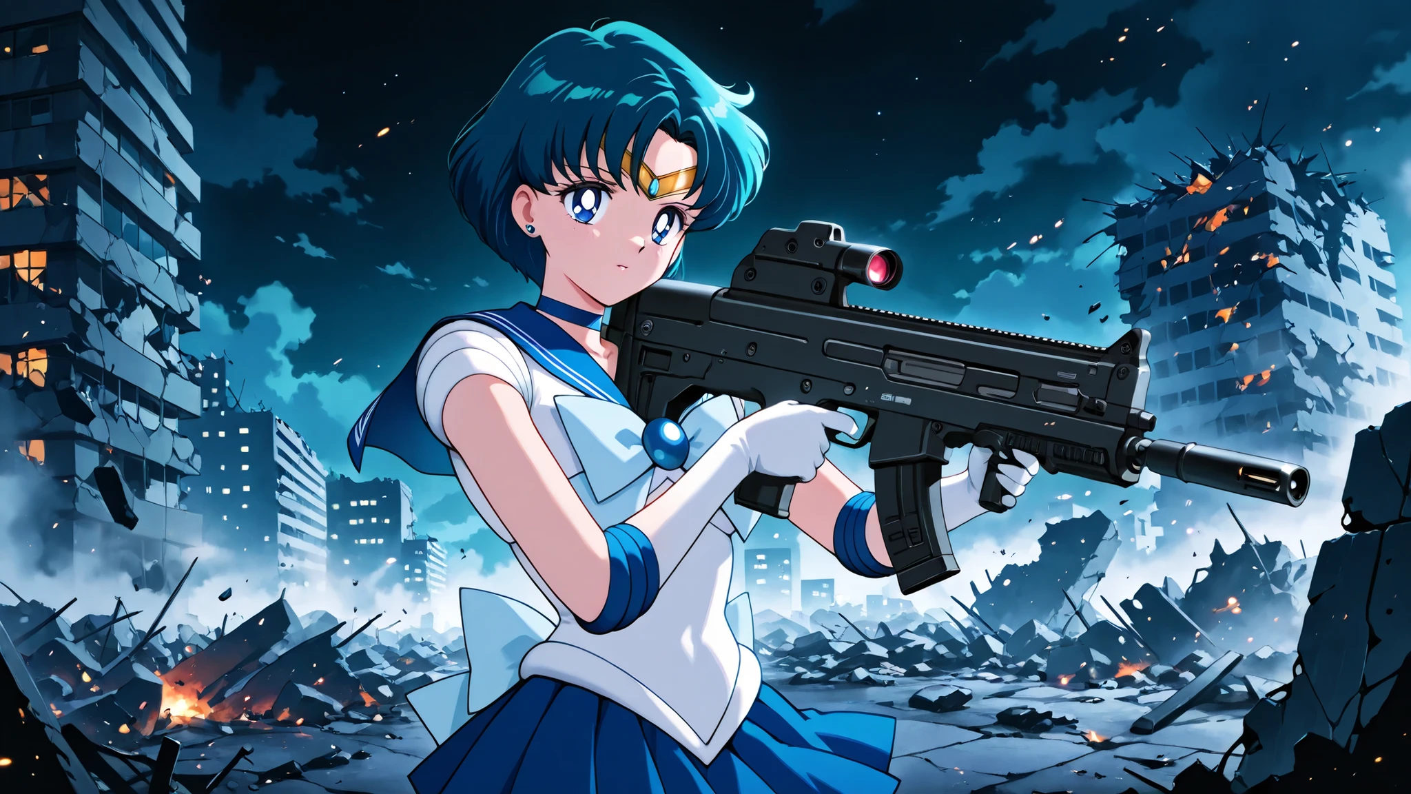 1girl, anime character, solo, upper body, ami mizuno, blue eyes, blue hair, short hair, parted bangs, back bow, blue bow, blue choker, blue sailor collar, blue skirt, bow, choker, earrings, gloves, jewelry, magical girl, sailor collar, sailor senshi uniform, stud earrings, tiara, sleeveless, assault rifle, bullpup, holding rifle, aiming, foregrip, warzone, debris, destroyed buildings, fog, dark atmosphere, highrises, night, black sky