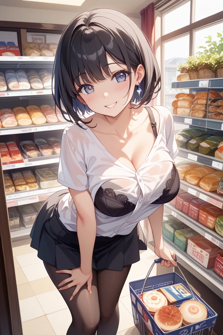 sajouayaka, black hair, short hair, Blue eyes , large breasts, , , empty eyes , large breasts, nipple, , Peeing, lactation, projectile lactation, Sweets shop, frozen, wet, crying ,, Naked, , (1girl) ,solo