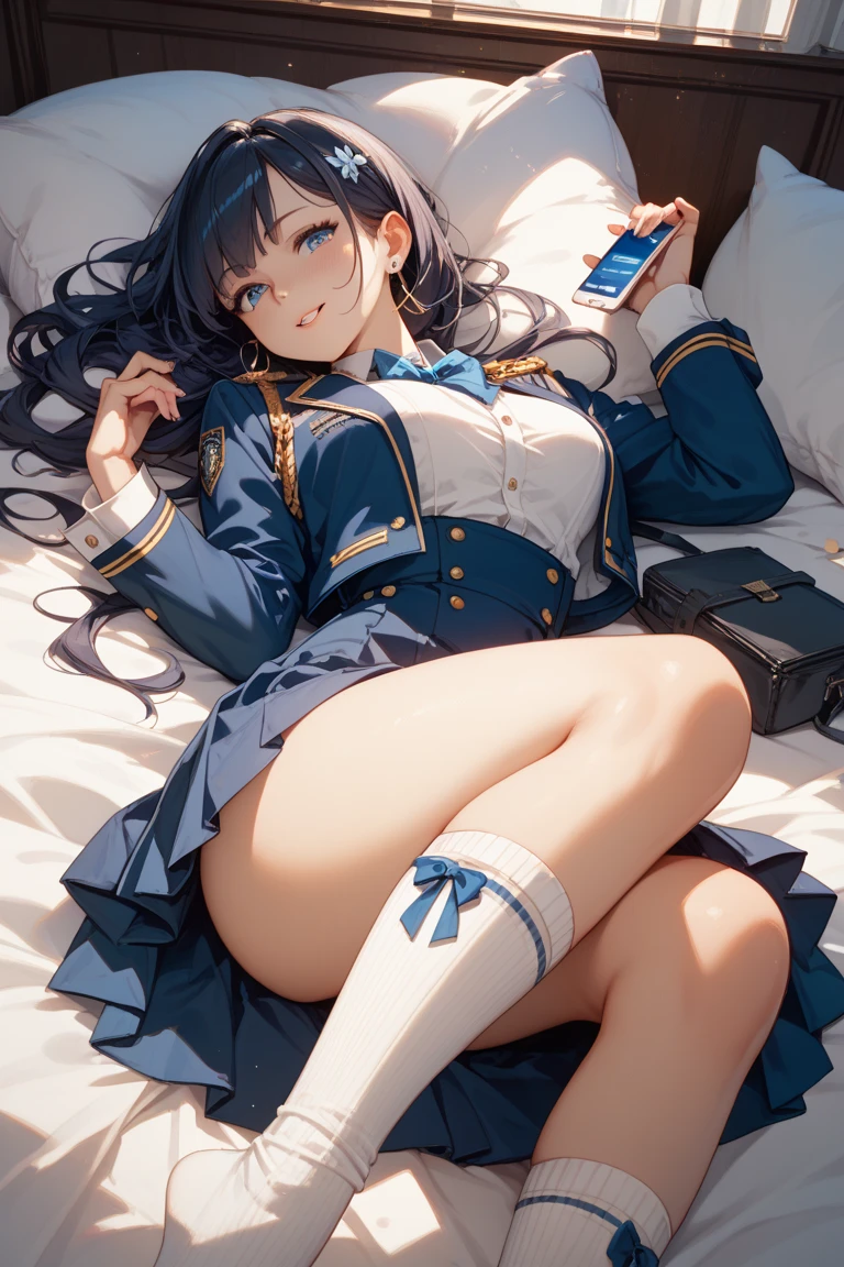 masterpiece, (Perfect Anatomy:1.5), highest quality, 1 lady , slender, leggy, (((small breasts))), Seductive, brown hair, short hair,  (wear a white long sleeved shirt, tie, navy officer jacket:1.5), white bikini pantie , barefoot, Perfect hands, Perfect body, reclining, lying on a sofa, leg lift higher , looking away, ((Exquisite detail)), Very finely crafted fingers(((10 fingers))), (full body showcase), (Show your whole body), (no background), (No logo) , high resolution, parted lips, belly button , feet up, arms up