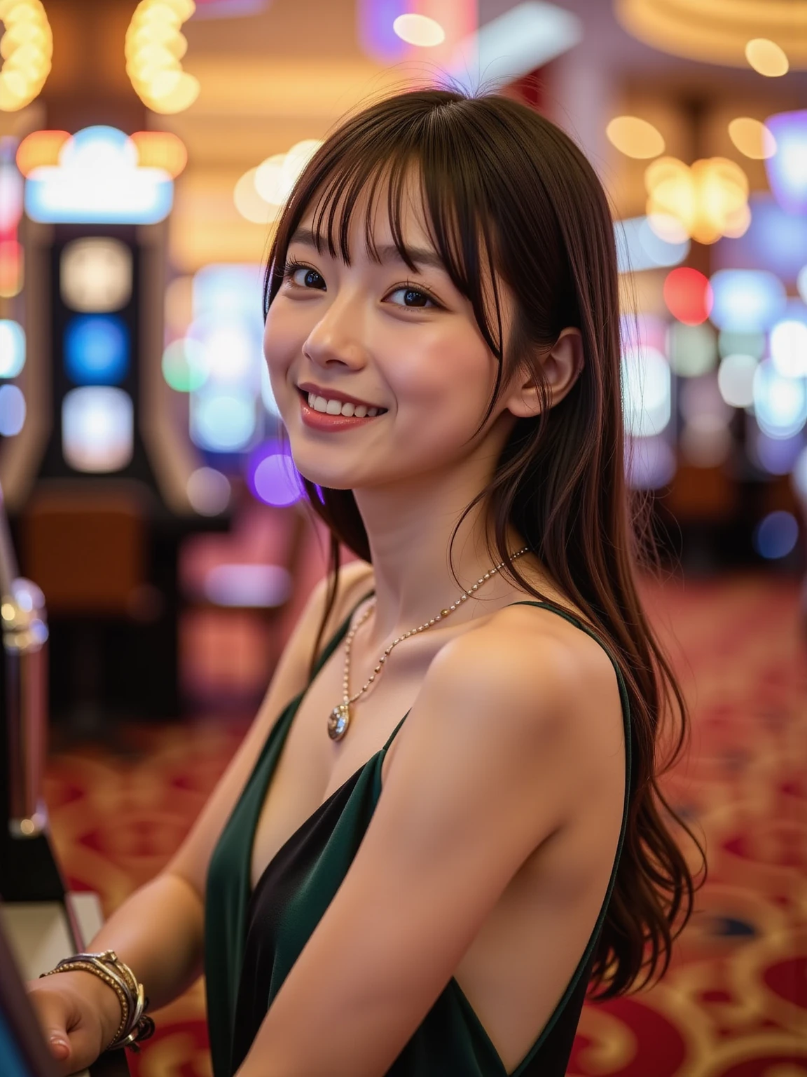 (Woman in a bunny suit、Costumes that emphasize the bust:1.3)、22 year old Japanese woman、Very beautiful woman、One Woman、solo、Cute Face、Portrait、Detailed skin texture、((Highest quality、high resolution、High resolution、High definition、masterpiece、16K:1.5))、(whole body:1.4)、Perfect proportions、Slim figure、Medium breast、D cup bust、Medium Hair、Dark Brown Hair、Loose wavy hairstyle、Bunny ears、Thin arms、Beautiful hands、Detailed face、Smiling Kindly、A ruddy complexion、Wearing high heels、High leg、sexy、((SONY α7 35mm F/ 2. 8 50 sec:1.1))、(RAW Photos、Photos like the real thing、Clear photos:1.2)、Beautiful breasts、Beautiful feet、Shapely breasts、Japanese Model、8th life、Detailed eyes、Silver grey color contacts、Direct your gaze this way、Thin eyebrows、Glossy lip gloss、Pinkish blush、Blurred eyeshadow、Long eyelashes、Beautiful neck、Beautiful décolleté line、Beautiful clavicle、((At the Casino、social scene、roulette、Macau S.A.R.:1.4))、Bright lighting、Professional Lighting、Height: 165cm、Dynamic Pose、Kneeling、Kneel、Just the right color balance、Female college student、Smiling and sticking out tongue、Narrow Face、Sharp face line、Small face、8th life、((Depth))、((Long Shot))、Long legs、Lifelike skin texture、Moisturized Skin、Anatomically correct、Gorgeous space、Luxurious chandelier、可愛い日本のFemale college studentがバニーガールのコスチュームを着ている