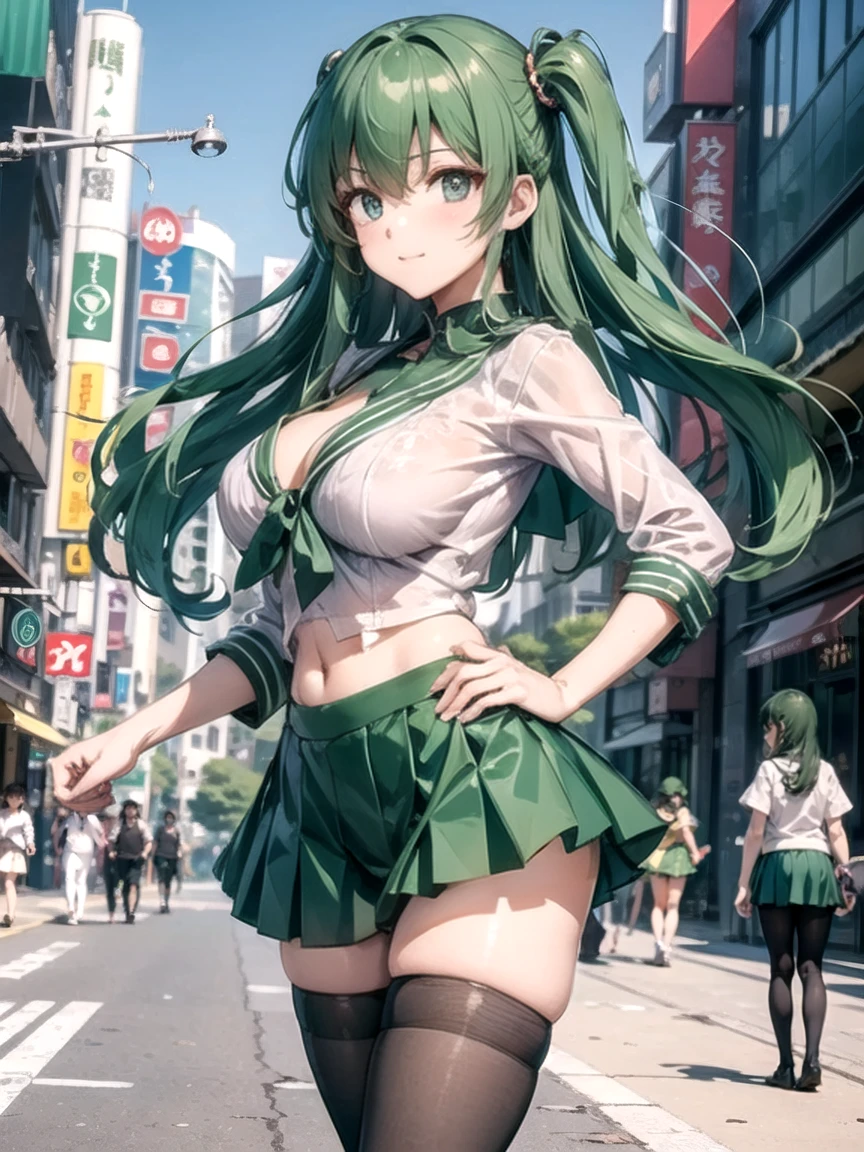 Kizi, highr, Concealed arm, Blue_and_Green hair, Detailed beautiful eyes, navy blue eyes, evilsmile, medium boob, Open navel,Big breasts Thin waist,medium thigh, 校服, Japan School Uniform,JK school uniform,Long black stockings, Detailed clothes, tmasterpiece