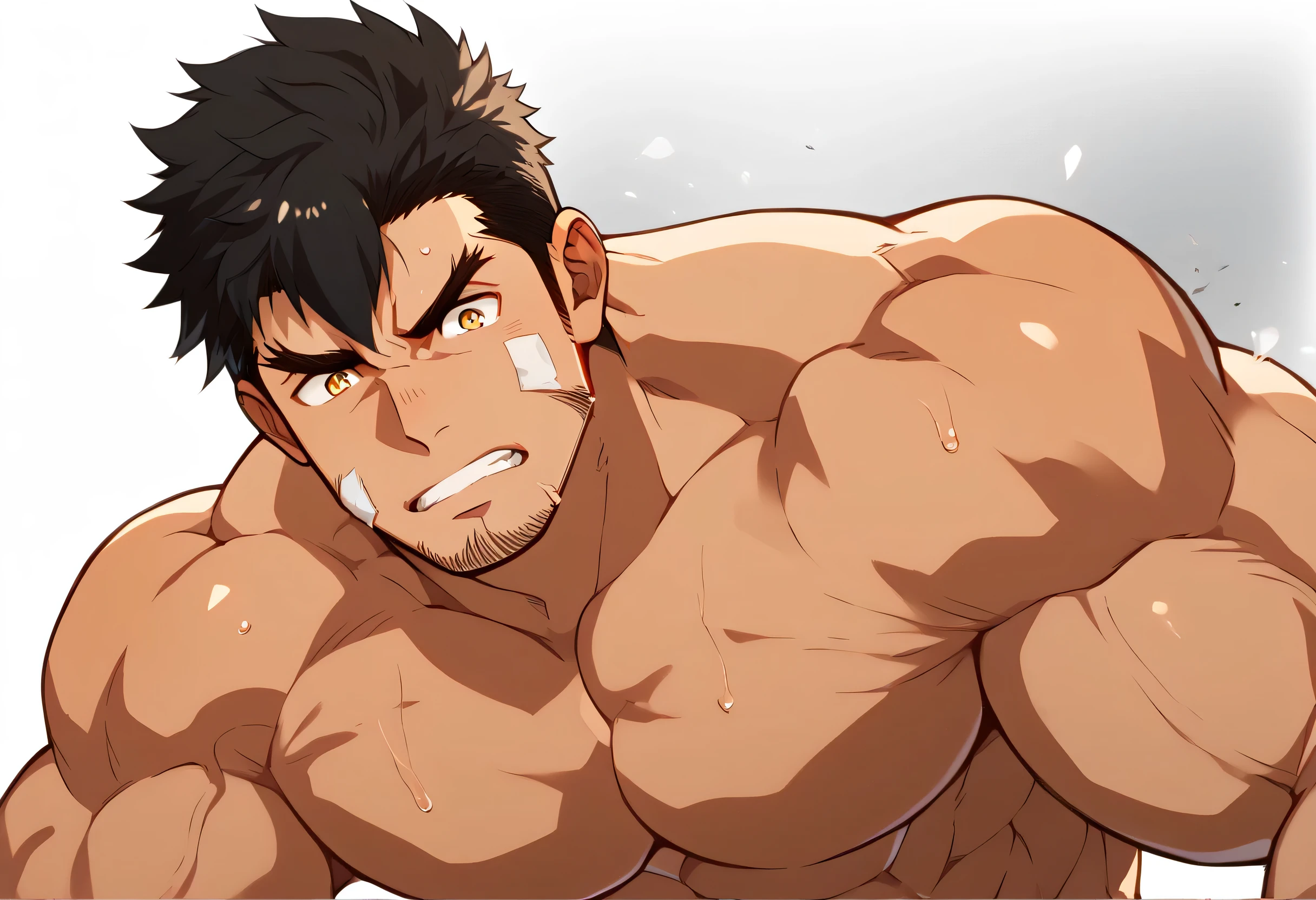 perfect anatomy, male , tanned skin , maleらしさ, male性重視, Muscle Development male, Muscle Development , maleが一人,Dandy , Alone , black short hair, Messy Hair , Thick eyebrows, Stubble, brown eyes , simple background , amazing quality , Masterpiece , Best Aesthetics, Smart Student , cut in inches , Separate lips , Face in agony with severe pain , dirty face , top quality , Muscle Development characters , upper body , Karate , abs, score_9,score_7_up,score_6_up,score_5_up,score_4_up,zabaniyya \(housamo\), muscular, 1boy, male focus, bara, thick thighs, muscular male, stubble, solo, facial hair, thighs, nude, pectorals, black hair, yellow eyes, frown, large pectorals, mature male, thick eyebrows, transparent background, bulge, thick arms, tight, manly, muscular wrestlers, no clothes, no pants, front view, nude, dynamic view, fullbody