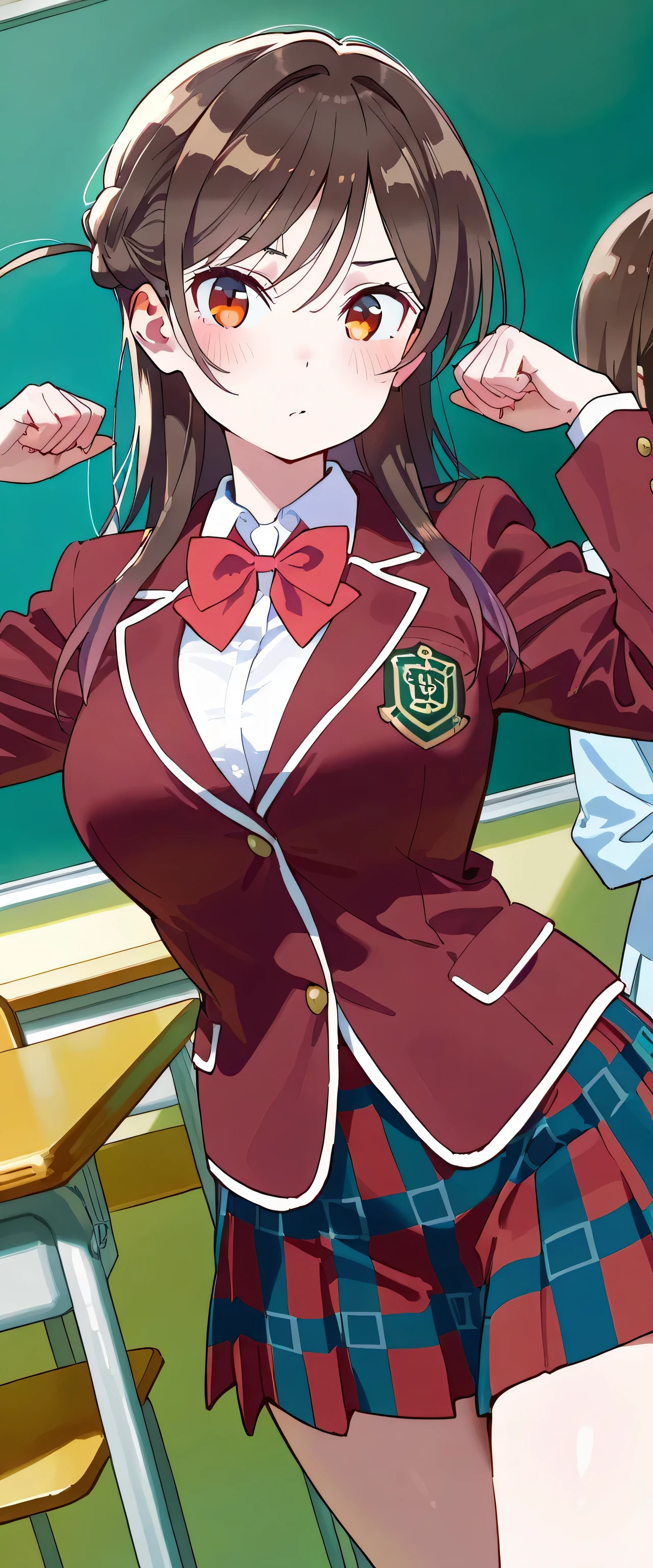 masterpiece, best quality, super detailed 8k, high resolution, 1 clean girl, any friends, Chizuru Ichinose, Kanojookarishimasu, cool and cute girl, white skin, clean skin, slender, round body, ample bosom large breasts, waist length medium hair, dark brown hair, smooth hair, orange eyes, look at viewer, little laugh, ((she is wearing school uniform, blazer is outer), standing at class room, cute pose, focus her, dutch angle