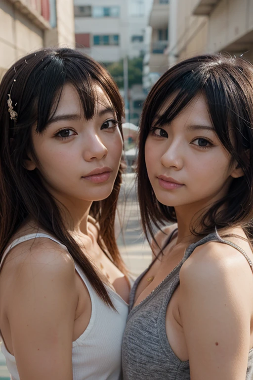Identical twin sisters kissing、(Upper Body:1.4), Goth Fashion, Dystopia, Tokyo, Minimum, Harmony, Tranquility, Cinematic Light, Magic Hour, A strong wind is blowing, Girl overlooking the city, thin, Floating Medium Hair, Diffused, natural skin glow, bangs, Deep Shadow, Gothic Punk, masterpiece, highest quality, RAW Photos, Sigma 50mm f1.4, Candid, 24-years-old