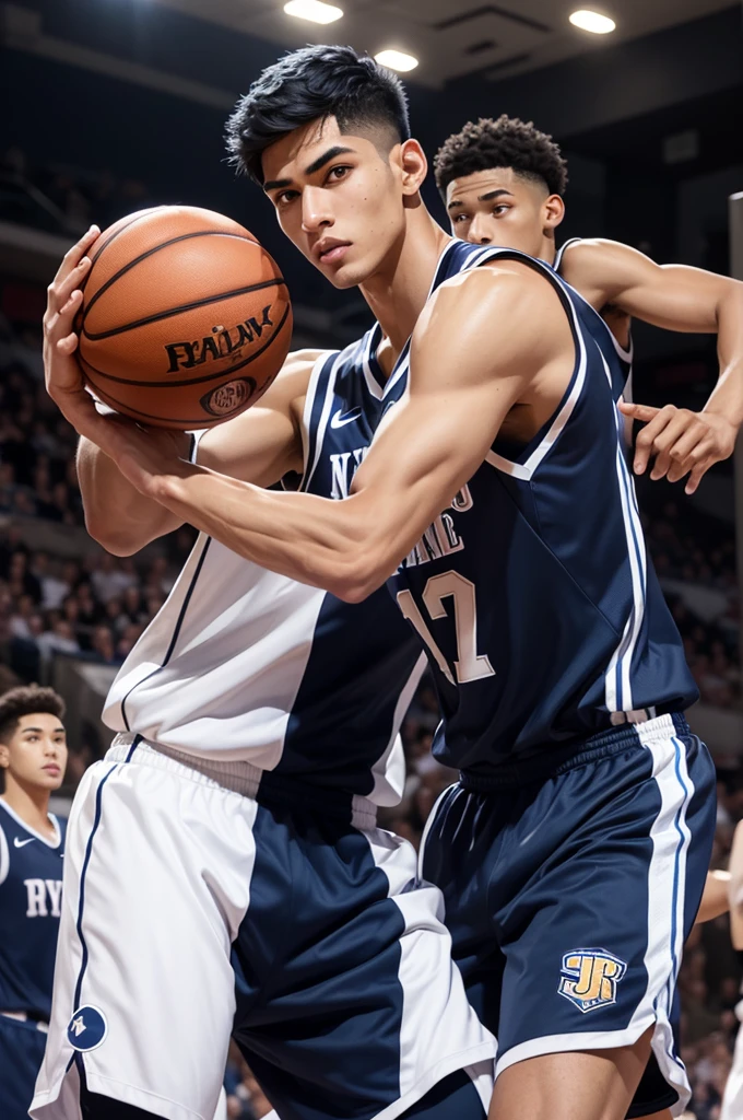 Boy playing basketball on basketball court,sweat leggs,Photos during exercise,Basketball costumeasculine,Exquisite facial features,virile,musculature,rich facial detail((The crotch is raised))closeup cleavage