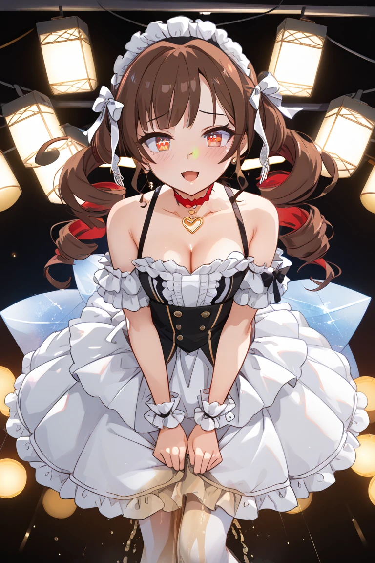 adult woman、exact number of fingers、Exact number of legs、Exact number of arms、bangs, Ribbon Ponytail, brown hair, (blush:1), (Put one hand in your panties:1.8), fingering, (pussy juice:1.2), cum in mouth, (A woman is holding a microphone and is about to sing:1.5)、white and navy idol costume、The costume comes with a navy blue idol-style corset.., The costume has a ribbon attached to its collar..、It is a costume that covers up to the shoulders., side, upper arm, and arms., That costume only opens wide at the chest..、high socks、white idol style skirt, (Underwear with elaborate and luxurious decorations:1.3), Ribbon at collar., (White and pink panties with lots of lace:1.3), white lace bra:1.2), sexy underwear, Thighhighs、 beautiful big breasts, (erect nipples:1), The skirt is rolled up、highest quality, High resolution, (fine and beautiful eyes:1.6), highly detailed face, perfect lighting, Very detailed CG, (perfect hands, perfect anatomy),embarrassed look、The expression of someone who is holding back from going to the toilet, (Sexual pleasure expression:1.4), (expression of agony:1.2)、close your eyes、sexy look、look up、mouth half open、climax、(live stage、a lot of spectators:1.3)、whole body