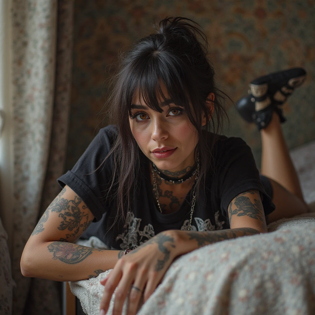 a shy, emo girl with pale skin, a pony tail, black t-shirt with a skull imprint, large breasts and tattered jeans sitting on the floor of her messy bedroom, portrait, looking shyly at the camera, looking shyly at the camera, distance across the room, looks at the camera, looks at the camera