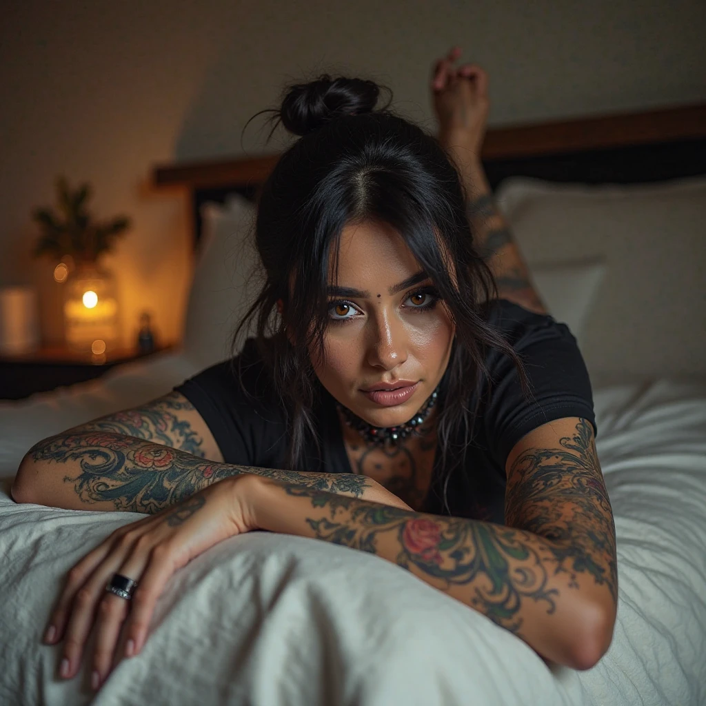 ((suicidegirls.com)), ((tattooed, alt girl)), butch hair, cropped pixie hair, face tattoos, 25 year old woman, (extremely detailed, 4k photo), nude, (dark skin), Sri Lankan woman, (adorable, cute pose, fuzzy robe), in cabin, winter, detailed skin
