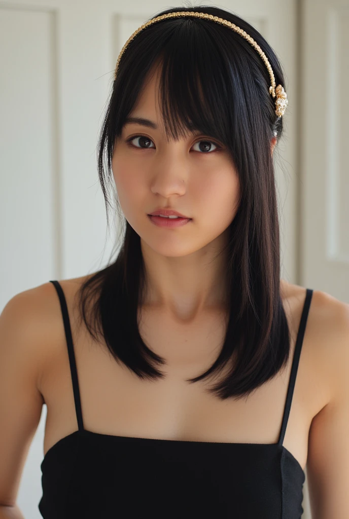 Medium Size Display, Medium Shot, Written boundary depth, bust, Upper Body, Movie angle, masterpiece, Highest quality, Very detailed, CG, 8k wallpaper, Beautiful Face, Delicate eyes, Otome, alone, smile, bangs, have,Black tank top, bow, petal, bouquet
