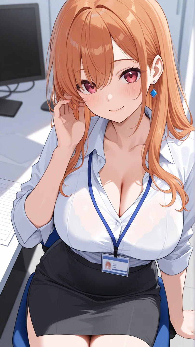 1 woman, solo, tall woman, long orange hair, straight hair ,orange eyes, (Full Breasts), High Height,masterpiece, high resolution, shiny, full body, beautiful,A cute smile that makes the viewer happy, highly detailed beautiful face and eyes,looking at viewer,(bank teller, black skirt, bow, long sleeves, pantyhose, blue shirt, skirt, vest:1.1),large breast,(button gap:1.1),office,