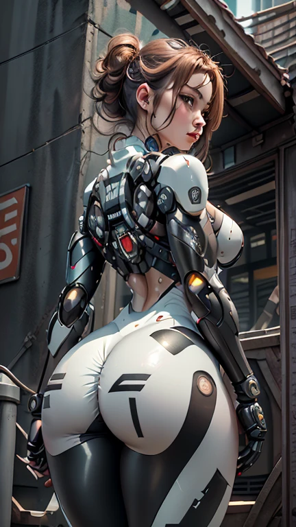 (Masterpiece), (Best quality), Photorealism, Realistic, Ultra detailed, Perfect face, Perfect body, 1girll, Beautiful girl, Girl in red armor, Mechanical armor, exoskeleton, Stand, Cool pose, Sexy, Watching from behind