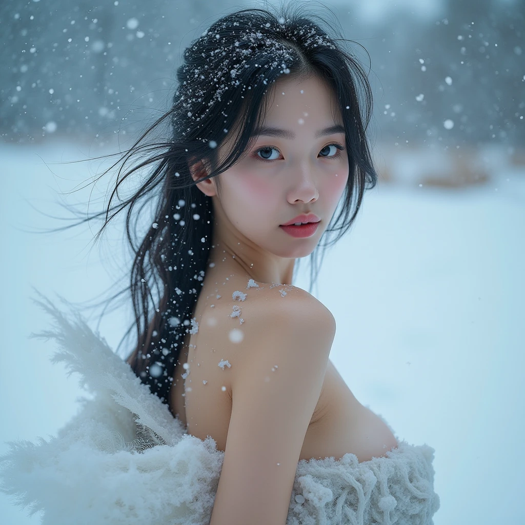 Best Quality、masutepiece、超A high resolution、(Photorealistic:1.4)、adult lady、modeled、long legged、(Thin eyebrows:0.2)、(thin lipss:0.8)、(small nose:0.8)、Appearance without makeup、(Looking up at the sky:1.2)、(Shooting from below:1.2)、Spread your arms、Colossal tits、(the perfect body:1.2)、(Park at night:1.2)、(It snows a lot:1.2)、(Covering the udder with snow:1.5)、nude、Completely nude、By Michelangelo、ulzzang -6500-v1.1