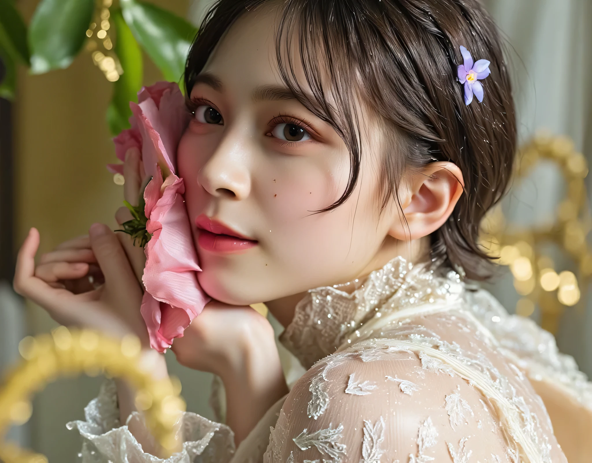 (((Spring Vast Prairie:2.0))),colorful light particles dance,(((Fantasy Atmosphere:2.0))),(((A fan that looks like a bouquet of flowers:2.0))),(((light yellow-green eyeshadow:2.0))),side view from the back,Side pose,((Looking back and looking at the camera:2.0)),((look back over my shoulder:2.0)),Rear View,(((full body:2.0))),one woman,(cute face:2.0),(Beautiful well-balanced face :2.0),((Long hair with bangs:2.0)),(Beautiful Eyes:1.3),20-year-old Japanese woman wearing bright red paint all over her head,Beautiful slender body,((model body type:2.0)),((slim body:1.7)),Perfect Body Line,Ideal Proportions,(big breasts:2.0),((スリーサイズ90-58-86:3.0)),((G Cup Breasts:2.0)), popup,Bare thighs,Sensual Thighs,delicate body,(succulent:1.5),((toned, beautiful butts:2.0)),((cute ass:2.0)), ((((bare ass :2.0)))),(((T-back:2.0))),natural posture,(Realistic breast depiction :1.5),carefully depicting limbs based on perfect anatomy,((Elf King Style Golden Super Hi-leg Leotard:2.0)),((lace super high-leg leotard with integrated lace body:2.0)),((lace cloak adorned with colorful flowers with an open front over a leotard:2.0)),(pastel colored cloak with fine embroidery:2.0),(((corolla:2.0))),(pointed ears:1.3),((((light purple fishnet tights with a rough mesh:2.0)))),nipples made of flowers,CONCEPT ART,(Best Quality:1.5),(masterpiece:1.5),(超高resolution),resolution,UHD,(Delicate Description), carefully drawn with butterfly wings ,32k,((realistic skin texture that shows through the whole body:1.5)),(((super realistic:1.5))),carefully draw eyelashes,very detailed face,Highly detailed female hand,very sensual,(Blurry Dim Backgrounds :1.5),Professional Photography,(movie lights:2.0),((Lord of the Rings style lighting:2.0))