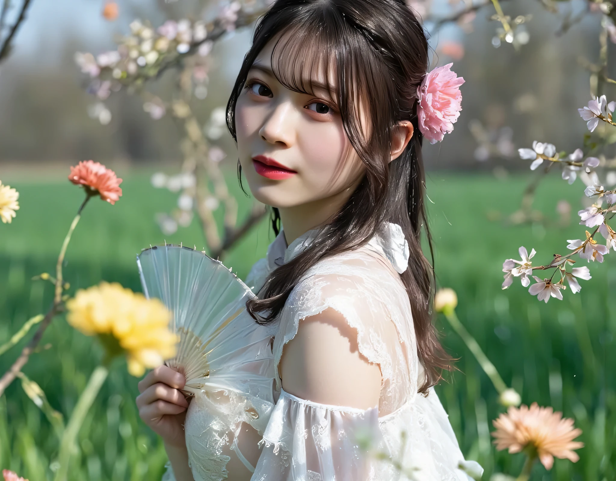 (((Spring Vast Prairie:2.0))),colorful light particles dance,(((Fantasy Atmosphere:2.0))),(((A fan that looks like a bouquet of flowers:2.0))),(((light yellow-green eyeshadow:2.0))),side view from the back,Side pose,((Looking back and looking at the camera:2.0)),((look back over my shoulder:2.0)),Rear View,(((full body:2.0))),one woman,(cute face:2.0),(Beautiful well-balanced face :2.0),((Long hair with bangs:2.0)),(Beautiful Eyes:1.3),20-year-old Japanese woman wearing bright red paint all over her head,Beautiful slender body,((model body type:2.0)),((slim body:1.7)),Perfect Body Line,Ideal Proportions,(big breasts:2.0),((スリーサイズ90-58-86:3.0)),((G Cup Breasts:2.0)), popup,Bare thighs,Sensual Thighs,delicate body,(succulent:1.5),((toned, beautiful butts:2.0)),((cute ass:2.0)), ((((bare ass :2.0)))),(((T-back:2.0))),natural posture,(Realistic breast depiction :1.5),carefully depicting limbs based on perfect anatomy,((Elf King Style Golden Super Hi-leg Leotard:2.0)),((lace super high-leg leotard with integrated lace body:2.0)),((lace cloak adorned with colorful flowers with an open front over a leotard:2.0)),(pastel colored cloak with fine embroidery:2.0),(((corolla:2.0))),(pointed ears:1.3),((((light purple fishnet tights with a rough mesh:2.0)))),nipples made of flowers,CONCEPT ART,(Best Quality:1.5),(masterpiece:1.5),(超高resolution),resolution,UHD,(Delicate Description), carefully drawn with butterfly wings ,32k,((realistic skin texture that shows through the whole body:1.5)),(((super realistic:1.5))),carefully draw eyelashes,very detailed face,Highly detailed female hand,very sensual,(Blurry Dim Backgrounds :1.5),Professional Photography,(movie lights:2.0),((Lord of the Rings style lighting:2.0))
