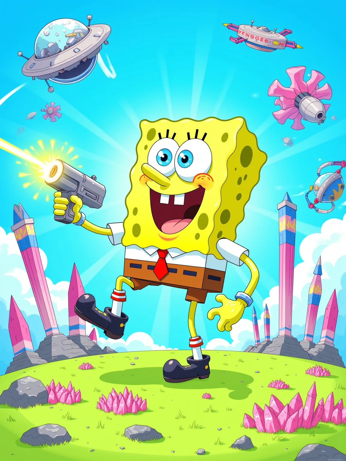 Under the vibrant blue sky, SpongeBob SquarePants is depicted ...