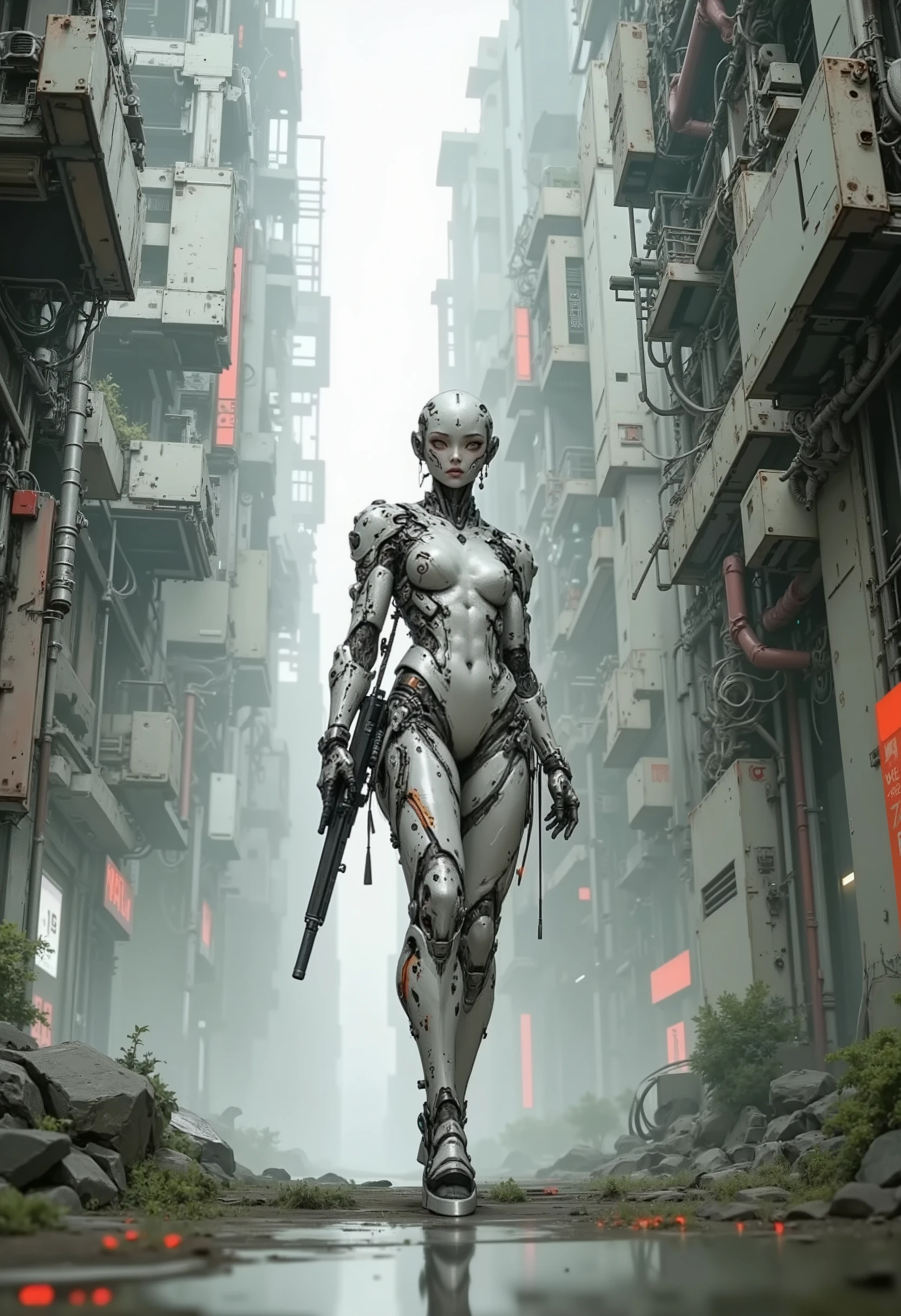 A futuristic figure in armor walks in the middle of a complex architectural urban landscape. The figure, apparently a cyborg warrior or operative, is clad in intricate white ceramic armor, displaying detailed plating. The design of the armor is complex and detailed, without a face, and the hands are covered in gloves. The figure holds a rifle and shows a neutral, wary expression on his face. The urban landscape is a collection of tall futuristic architectural structures, showing a combination of angular and smooth lines in gloomy tones. Soft light penetrates into the gaps between the buildings. The general lighting creates the impression of an overcast day. The ground looks paved, with muted neutral colors and few greenery or plants. The atmosphere is both serious and technologically advanced. It is dominated by sci-fi, cyberpunk and architectural styles. Foreshortening is a complete shot from a medium distance that allows you to clearly see a figure and its surroundings. The image style is realistic, stylized, detailed and emphasizes the high-tech aesthetics of the environment, digital art in the style of Vadim Kashin's works.Vadim Kashin style