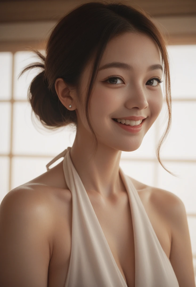 (Highest quality、8k、masterpiece)、The Woman、20th Generation、(Beautiful woman with perfect figure)、Light Brown Hair Buns、Wear a pendant、(whole body)、(thin)、((Big Breasts))、((whole body nude、All nude)))(Dark tan lines)、In the living room、Highly detailed face and skin、fine grain、double eyelid、Bright smile、Protruding areola,、Hami Breasts、Side bust、Diagonally from the side、Looking into the camera、thin、BIG ASS、Cleavage、Large areola、blush、Embarrassed look、Wet body、Glowing Skin、Brown Skin、(((whole body nude、All nude))))