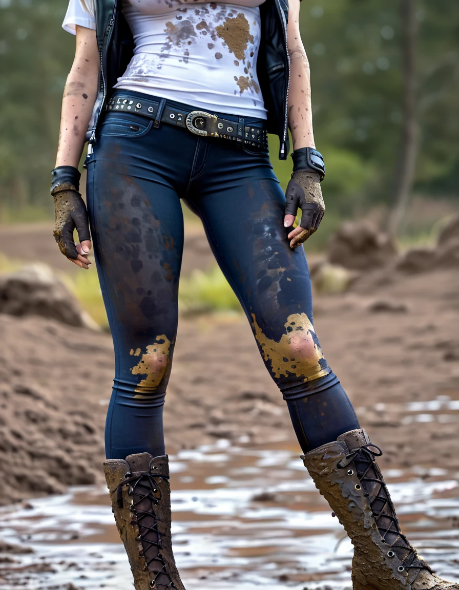 A sexy woman wearing (a pair of very old, stained, dirty, muddy and washed-out long tight black jeans:1.3), (long tight cowboy shirt:1.2), hiking boots, gloves, small belt. Front view. Full body view. Perfect body, perfect legs, perfect breasts, anatomically correct, best quality.