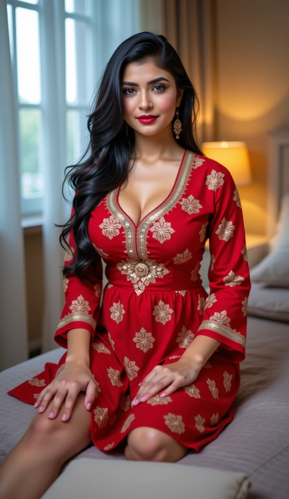 RAW, Best quality, high resolution, masterpiece: 1.3), beautiful Malay woman, Masterpiece, perfect fit body, big breasts, beautiful big eyes, long hair, brown hair, Soft smile, thick thighs, Beautiful Malay woman in, wearing long dress kebaya bali, sitting on a wooden chair, Her face is smiling, Beautiful and moving。Her long hair is draped thinly over her shoulders, fluttering slightly, She seems to be enjoying a peaceful time, The surrounding atmosphere is full of warmth and tranquility, The red chair adds A touch of vibrancy and bright color to her image, contrasting with the dress The yellow she wears, attracts attention, the whole image exudes a relaxed and pleasant atmosphere, warming t