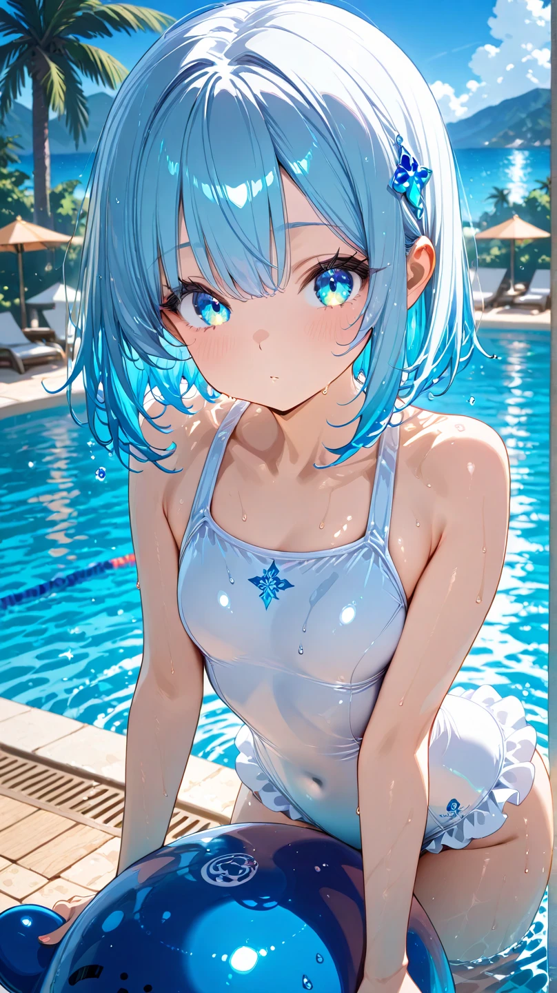 Absurd, Super detailedな,(In 8K:1.3),Masseter muscle area,(masterpiece:1.2)、(Highest quality)、4K、Super detailed、(Movement Structure:1.4)、(Shining Lights), High resolution, Best Quality、(One girl:1.4),Super detailedな,Bright colors、Treebreak Production Art,High-level image quality、Fine image quality、Intricate details,Volumetric Lighting,Realism BREAK、Profile、 Idol face、15 years old、Very beautiful face and eyes, Beautiful images、 natural make up、puffy eyes、catchlight eyes、deep detailed eyes、 (Big Tits)、(glossy skin :1.5), (Light blue hair,short hair、blunt bangs:1.2)、 (orgasm face)、 (A school swimsuit with a vivid texture:1.3)、(Breast bag)、 (School poolside),(Baby Face:1.2)、squatting、(shoot from behind:1.2)