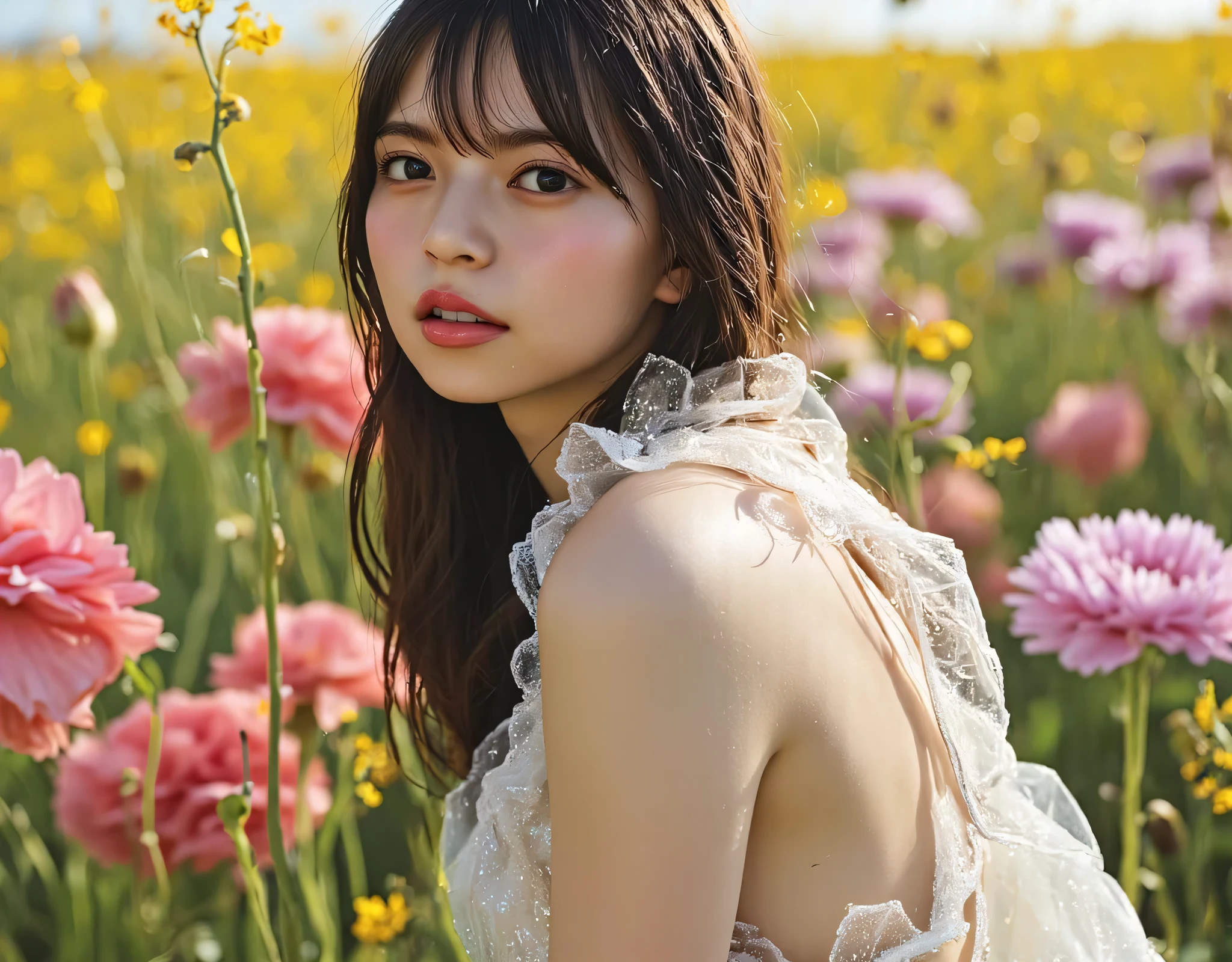 (((Spring Vast Prairie:2.0))),colorful light particles dance,(((Fantasy Atmosphere:2.0))),(((A fan that looks like a bouquet of flowers:2.0))),(((light yellow-green eyeshadow:2.0))),side view from the back,Side pose,((Looking back and looking at the camera:2.0)),((look back over my shoulder:2.0)),Rear View,(((full body:2.0))),one woman,(cute face:2.0),(Beautiful well-balanced face :2.0),((Long hair with bangs:2.0)),(Beautiful Eyes:1.3),20-year-old Japanese woman wearing bright red paint all over her head,Beautiful slender body,((model body type:2.0)),((slim body:1.7)),Perfect Body Line,Ideal Proportions,(big breasts:2.0),((スリーサイズ90-58-86:3.0)),((G Cup Breasts:2.0)), popup,Bare thighs,Sensual Thighs,delicate body,(succulent:1.5),((toned, beautiful butts:2.0)),((cute ass:2.0)), ((((bare ass :2.0)))),(((T-back:2.0))),natural posture,(Realistic breast depiction :1.5),carefully depicting limbs based on perfect anatomy,((Elf King Style Golden Super Hi-leg Leotard:2.0)),((lace super high-leg leotard with integrated lace body:2.0)),((lace cloak adorned with colorful flowers with an open front over a leotard:2.0)),(pastel colored cloak with fine embroidery:2.0),(((corolla:2.0))),(pointed ears:1.3),((((light purple fishnet tights with a rough mesh:2.0)))),nipples made of flowers,CONCEPT ART,(Best Quality:1.5),(masterpiece:1.5),(超高resolution),resolution,UHD,(Delicate Description), carefully drawn with butterfly wings ,32k,((realistic skin texture that shows through the whole body:1.5)),(((super realistic:1.5))),carefully draw eyelashes,very detailed face,Highly detailed female hand,very sensual,(Blurry Dim Backgrounds :1.5),Professional Photography,(movie lights:2.0),((Lord of the Rings style lighting:2.0))