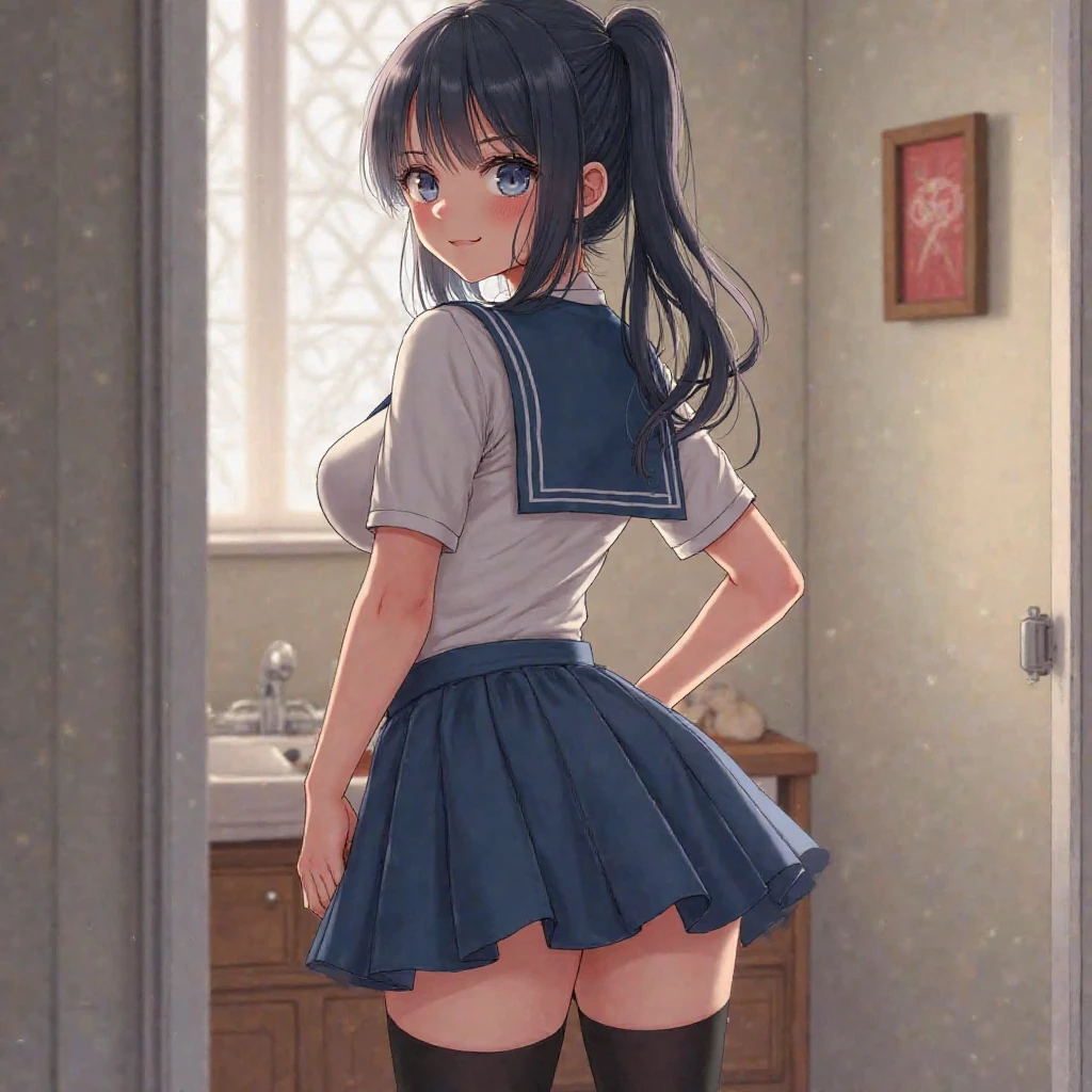 (Rear insertion position, Sex preparation:1.2), Black Hair, Long Hair, Cute Hips, lure, Appealing pussy, bottomless,(school uniform、Long Check Skirt、Sexy Shorts、Garter Stockings), (Turn around and put your hands on the wall), Inside the pussy, Vagina、Bend、nsfw、BREAK Perfect Anatomy、highest quality、(cute:1.1)、(cute)、(High resolution:1.2)、Unbelievably absurd:1.3、Incredible illustrations、(cuteイラスト:1.2)、Beautiful background、(1 girl) 、solo)、(10th Generation、JK、Loli face、Small breasts:1.2)、slender、、(skirt lift,upskirt,from behind),(tooth:0.6)、Cheeky 、Eye highlights、A confident smile、