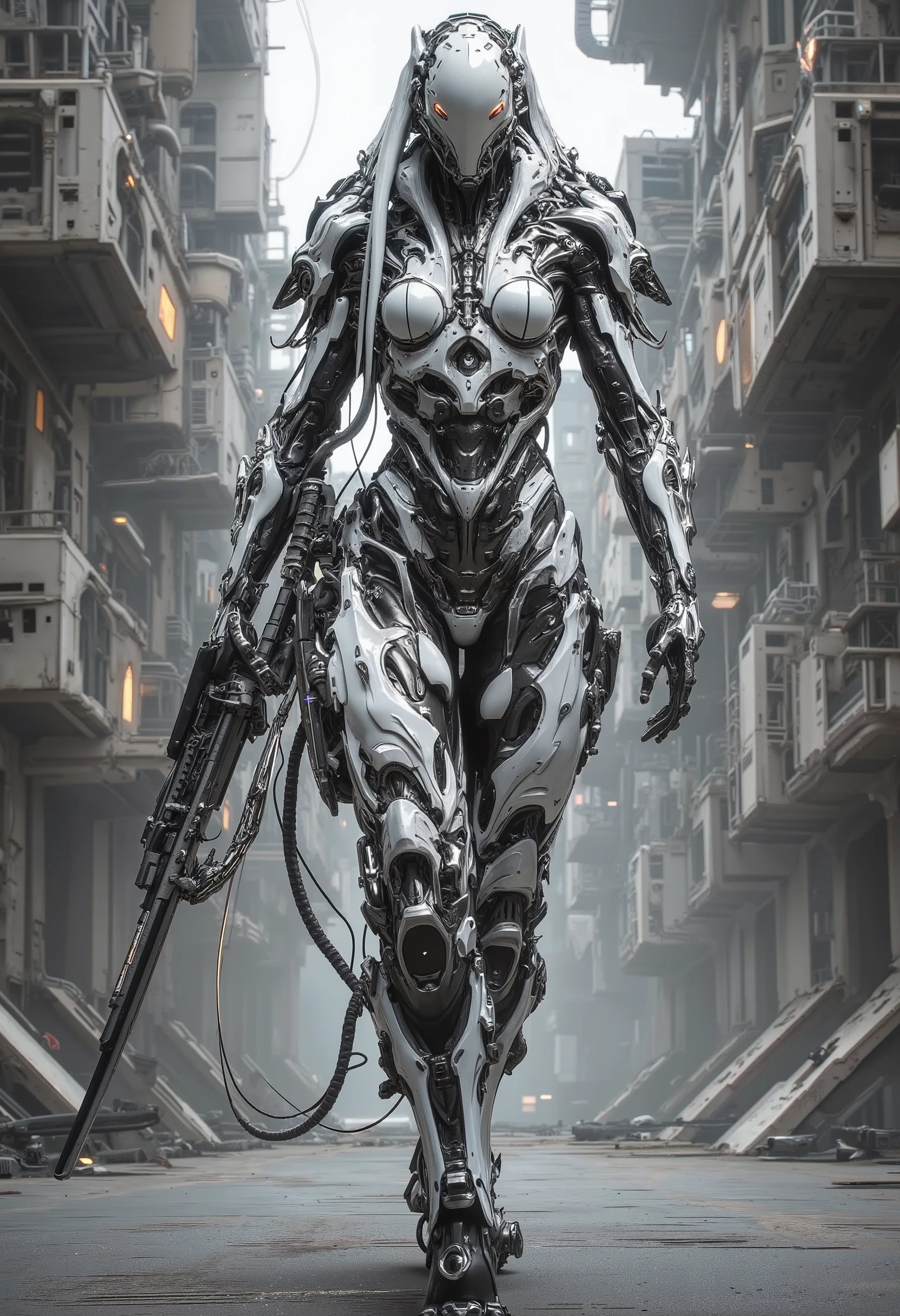 A futuristic figure in armor walks in the middle of a complex architectural urban landscape. The figure, apparently a cyborg warrior or operative, is clad in intricate white ceramic armor, displaying detailed plating. The design of the armor is complex and detailed, without a face, and the hands are covered in gloves. The figure holds a rifle and shows a neutral, wary expression on his face. The urban landscape is a collection of tall futuristic architectural structures, showing a combination of angular and smooth lines in gloomy tones. Soft light penetrates into the gaps between the buildings. The general lighting creates the impression of an overcast day. The ground looks paved, with muted neutral colors and few greenery or plants. The atmosphere is both serious and technologically advanced. It is dominated by sci-fi, cyberpunk and architectural styles. Foreshortening is a complete shot from a medium distance that allows you to clearly see a figure and its surroundings. The image style is realistic, stylized, detailed and emphasizes the high-tech aesthetics of the environment, digital art in the style of Vadim Kashin's works.Vadim Kashin style