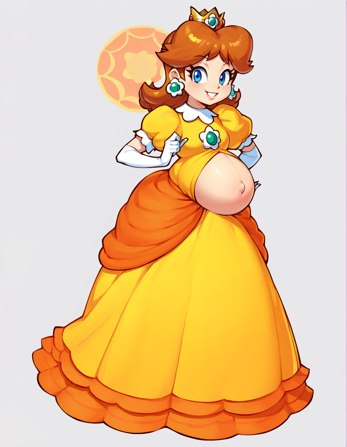 STICKER, (Solid Outline:1.3), (masterpiece:1.2), A detailed illustration of a vivid y Princess Daisy from Mario kneeling down nakare breasts,nipples, face vs view, side by sideolo Female, medium breasts, full cleavage, hhind her head,dy View, high heeled boots, large crown, no background, vintage t-shirt design, in the style of hand drawing, 3D vector art, fantasy art, watercolour effect, Adobe Illustrator, hand-drawn, digital painting, low-poly, soft lighting, isometric style, retro aesthetic, focused on the character, 4K resolution, photo realistic rendering, using Cinema 4D,
