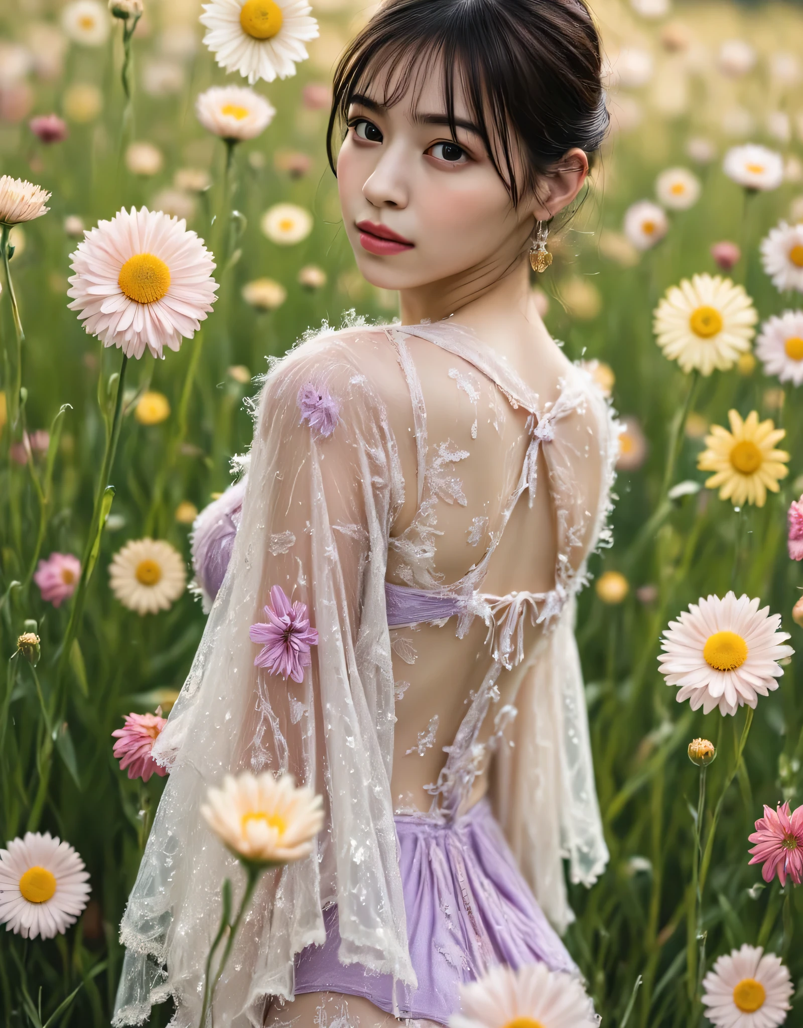 (((Spring Vast Prairie:2.0))),colorful light particles dance,(((Fantasy Atmosphere:2.0))),(((A fan that looks like a bouquet of flowers:2.0))),(((light yellow-green eyeshadow:2.0))),side view from the back,Side pose,((Looking back and looking at the camera:2.0)),((look back over my shoulder:2.0)),Rear View,(((full body:2.0))),one woman,(cute face:2.0),(Beautiful well-balanced face :2.0),((Long hair with bangs:2.0)),(Beautiful Eyes:1.3),20-year-old Japanese woman wearing bright red paint all over her head,Beautiful slender body,((model body type:2.0)),((slim body:1.7)),Perfect Body Line,Ideal Proportions,(big breasts:2.0),((スリーサイズ90-58-86:3.0)),((G Cup Breasts:2.0)), popup,Bare thighs,Sensual Thighs,delicate body,(succulent:1.5),((toned, beautiful butts:2.0)),((cute ass:2.0)), ((((bare ass :2.0)))),(((T-back:2.0))),natural posture,(Realistic breast depiction :1.5),carefully depicting limbs based on perfect anatomy,((Elf King Style Golden Super Hi-leg Leotard:2.0)),((Gold Super Hi-leg Leotard made of lace integrated with the body:2.0)),((lace cloak adorned with colorful flowers with an open front over a leotard:2.0)),(pastel colored cloak with fine embroidery:2.0),(((corolla:2.0))),(pointed ears:1.3),((((light purple fishnet tights with a rough mesh:2.0)))),nipples made of flowers,CONCEPT ART,(Best Quality:1.5),(masterpiece:1.5),(超高resolution),resolution,UHD,(Delicate Description), carefully drawn with butterfly wings ,32k,((realistic skin texture that shows through the whole body:1.5)),(((super realistic:1.5))),carefully draw eyelashes,very detailed face,Highly detailed female hand,very sensual,(Blurry Dim Backgrounds :1.5),Professional Photography,(movie lights:2.0),((Lord of the Rings style lighting:2.0))