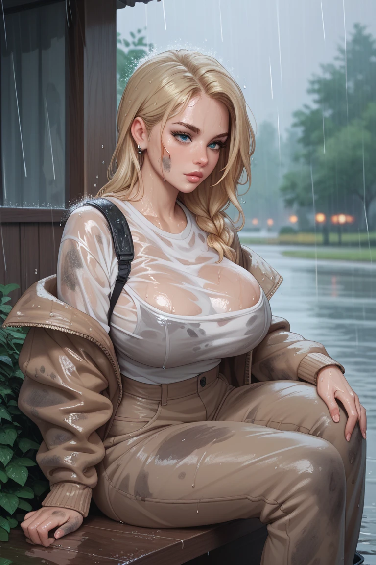 Perfect face, cute girl, big breasts, blonde, hourglass body, naked, covered in mud, rain